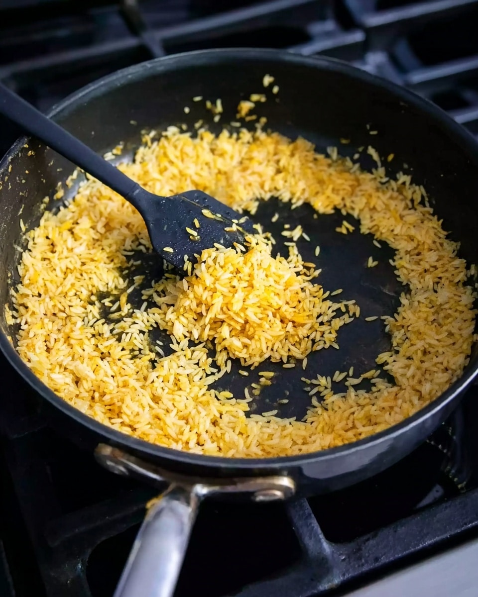 In a black frying pan placed on a stove with black grates, there is a thin layer of golden-yellow rice being stirred with a black spatula. The rice has a slightly toasted look with some grains darker yellow and some lighter, spread unevenly across the pan's surface. The spatula is lifting a small pile of rice in the center, showing the texture of separate grains. The pan’s handle is metallic and shines under the light. The edges of the pan are matte black and the stove’s surface around is visible with some light reflections. photo taken with an iphone --ar 4:5 --v 7
