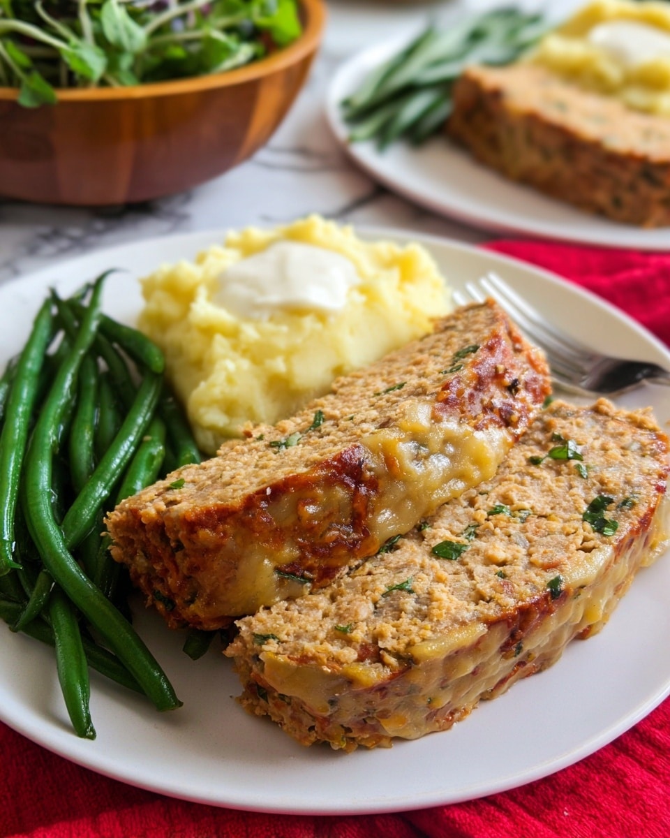 On a white plate, two thick slices of light brown meatloaf with visible bits of herbs and onions make up the front layer, showing a slightly crispy brown edge with some melted cheese on top. Behind the meatloaf, there is a neat pile of vibrant green beans with a smooth texture placed on the left side. To the right of the green beans, there is a scoop of pale yellow mashed potatoes with a dollop of white creamy sauce on top, and a fork resting near them. The plate sits on a bright red cloth, and in the background on the white marbled surface, there is another white plate with a meatloaf slice and a wooden bowl filled with green leafy sprouts. Photo taken with an iphone --ar 4:5 --v 7