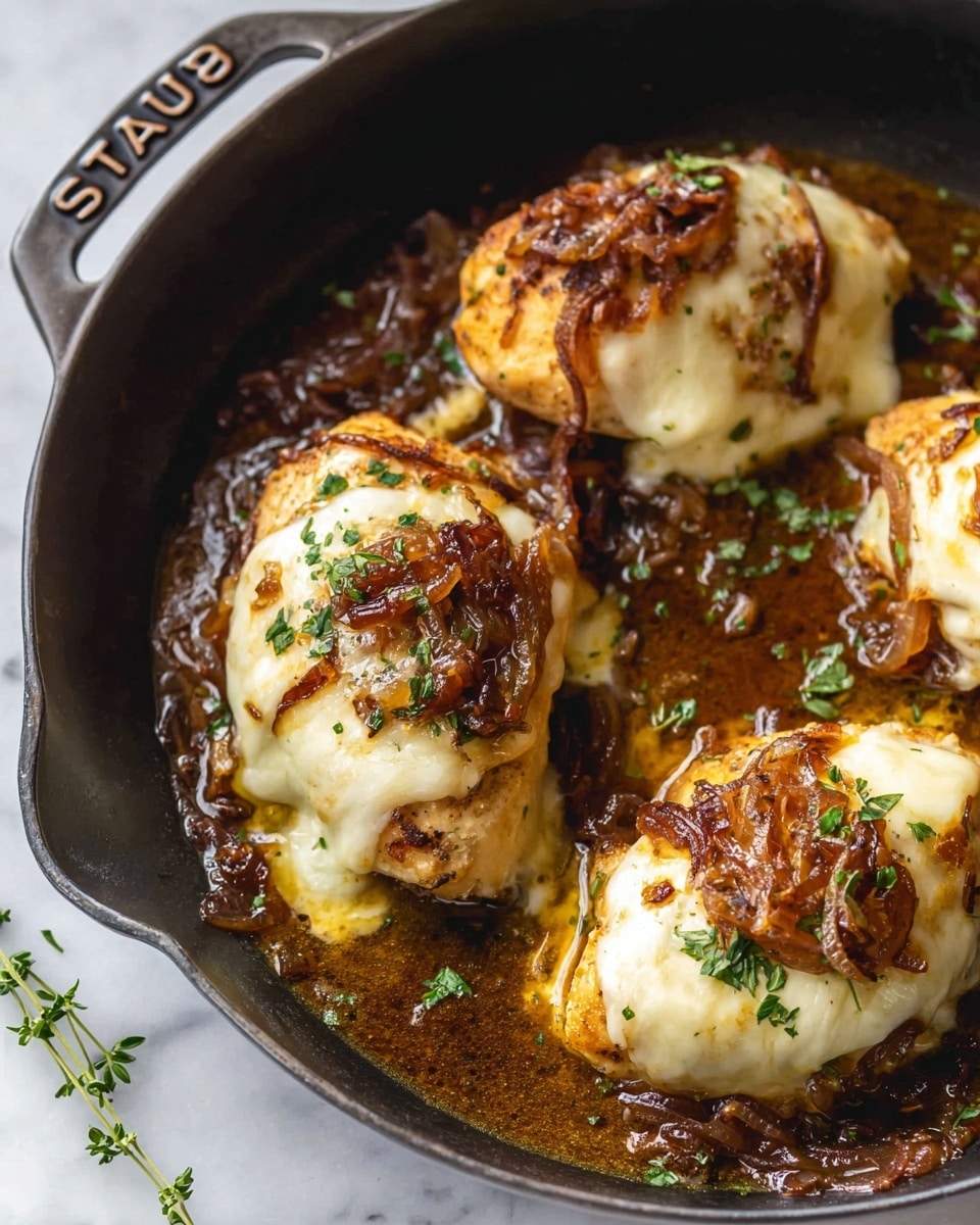 The image shows three pieces of cooked chicken topped with melted white cheese and brown caramelized onions. The chicken is golden brown and sits in a dark brown sauce with small sprigs of green herbs scattered around. The dish is served in a black pan with the word