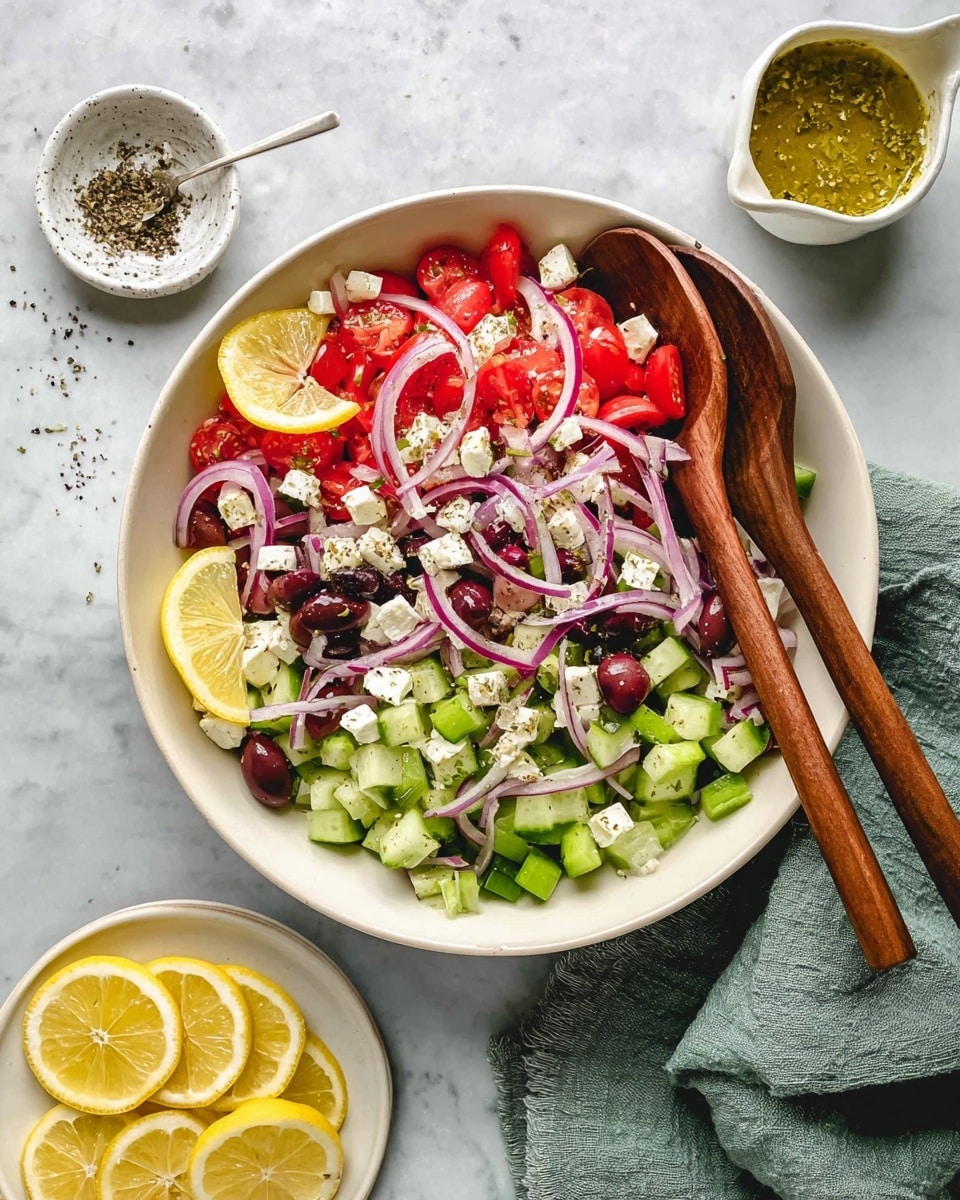 A white bowl filled with a fresh salad showing multiple layers starting with a base of chopped green leafy lettuce and spinach. On top, there are bright red, sliced cherry tomatoes scattered around along with thin rings of purple onion. Black olives and two yellow pepperoncini peppers are placed near the edge. Golden-brown crunchy croutons are spread all over the salad, with a light sprinkling of shredded white cheese evenly distributed on the top. The bowl sits on a white marbled surface. photo taken with an iphone --ar 4:5 --v 7