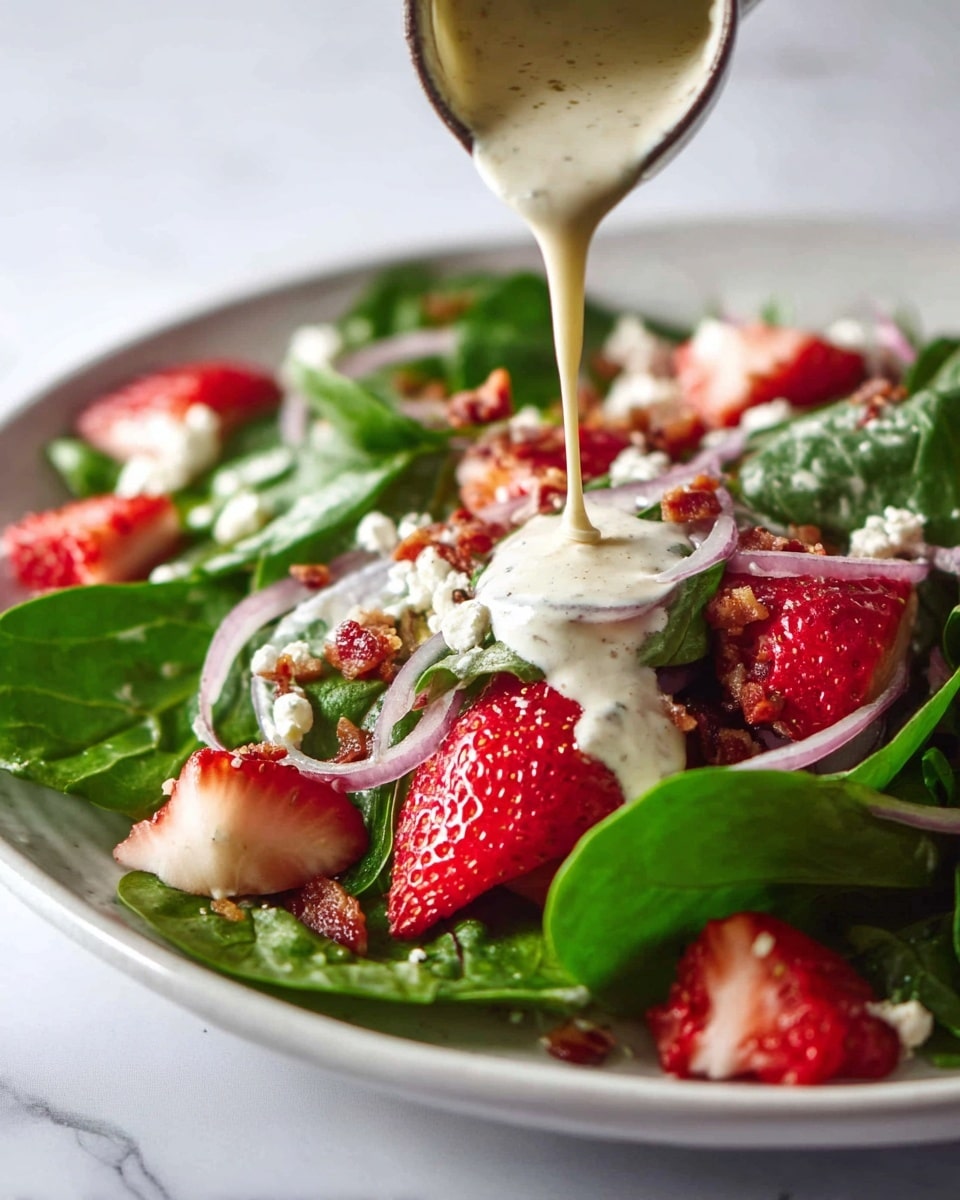 The dish shows a white plate full of fresh green spinach leaves as the bottom layer, topped with bright red strawberry halves scattered around. There are thin slices of light purple onion spread on top, mixed with small bits of crispy brown bacon and some small white cheese crumbles. A creamy off-white dressing is being poured over the salad from above, creating a soft texture over the strawberries and spinach. The plate is placed on a white marbled surface. Photo taken with an iphone --ar 4:5 --v 7