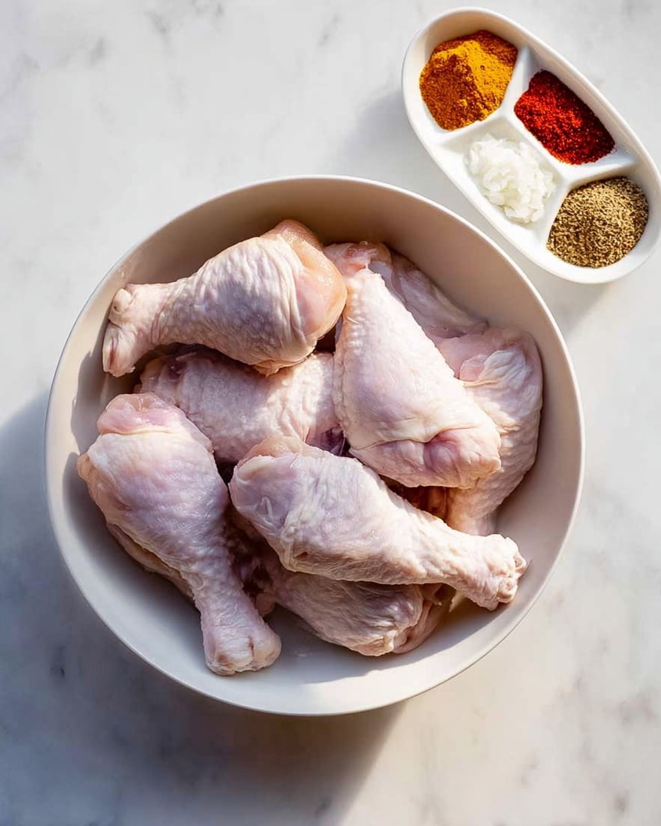 A large white bowl filled with raw chicken drumsticks, showing seven pieces with pale pink and light purple skin tones, arranged in a slightly overlapping way. To the top right, a small white dish contains six different spices and minced garlic, each placed in separate sections: orange turmeric, brown cumin, red paprika, white minced garlic, dark reddish paprika, and light pink salt. The background is a white marbled surface with soft natural light highlighting the textures of the drumsticks and spices. Photo taken with an iphone --ar 4:5 --v 7