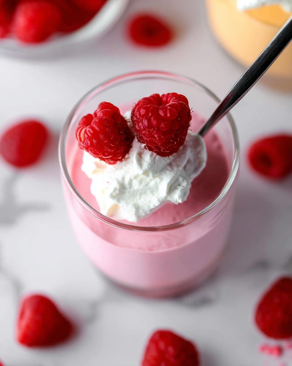 A close-up view of a dessert in a clear glass with three visible layers: the bottom layer is a smooth pink mousse, the middle layer is a dollop of white whipped cream, and the top layer has three bright red raspberries neatly placed. A black spoon is partially inserted into the mousse layer. The glass is set against a white marbled surface with scattered raspberries around it. Photo taken with an iphone --ar 4:5 --v 7