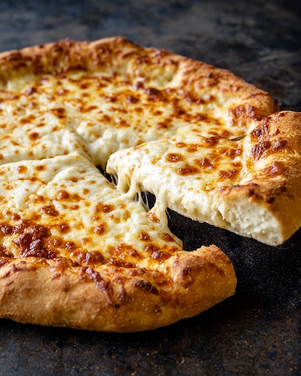 A round cheese pizza with a thick golden brown crust sits on a dark textured surface. The pizza is covered in melted cheese that is creamy white with small browned spots, showing a lightly toasted texture. One slice is being pulled away from the pizza, revealing thin stretches of melted cheese connecting the slice to the rest of the pie. The crust is puffy and uneven with a rustic look. photo taken with an iphone --ar 4:5 --v 7