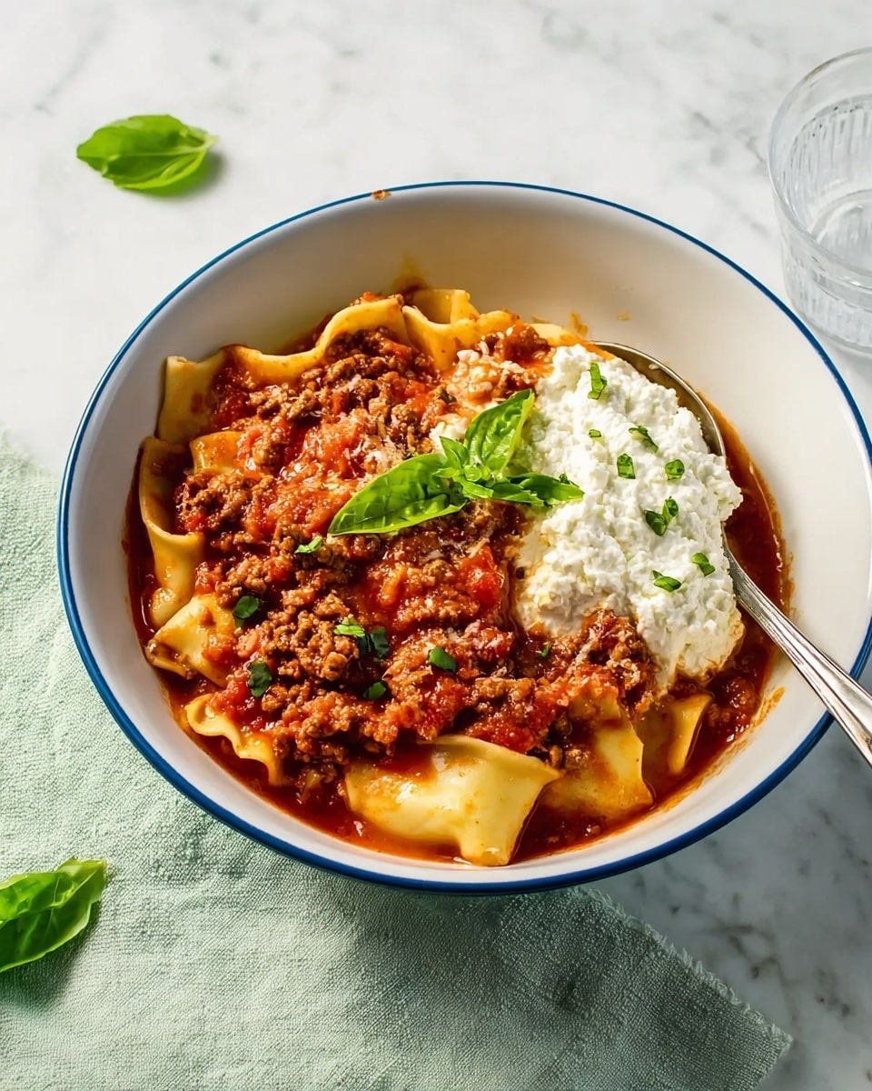 A white bowl with a blue rim holds a layered dish starting with wide, flat pasta pieces spread unevenly at the base. Above and around the pasta is a thick red tomato sauce mixed with browned ground meat, adding a chunky texture. On one side, there is a mound of white, creamy ricotta cheese with a slightly grainy texture. Small, fresh green basil leaves are scattered gently on top of the sauce and cheese, adding a bright contrast. A metal spoon rests inside the bowl, sinking slightly into the sauce. The bowl is placed on a white marbled surface, next to a light green cloth napkin folded neatly. A few loose basil leaves are nearby, along with the base of a clear glass. photo taken with an iphone --ar 4:5 --v 7