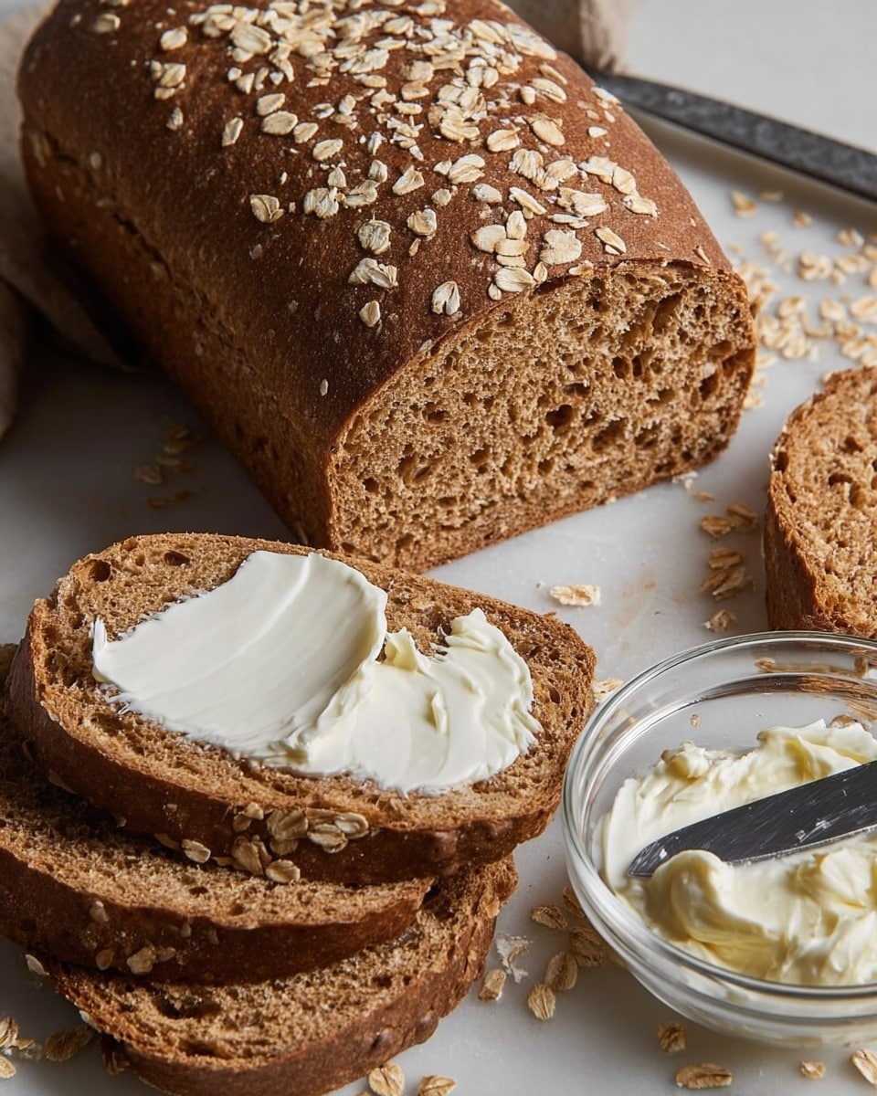 The image shows a loaf of dark brown bread sprinkled with oats on top, with one slice separated from the loaf and spread with a white creamy substance, likely butter or cream cheese. The sliced bread shows a coarse texture with visible grains. The loaf is positioned at the top of the image, while the spread slice lies in the center on a white marbled surface. To the lower right, there is a clear glass dish containing the creamy spread with a silver knife resting inside, and several more slices of bread are stacked to the lower left. Scattered oats lie loosely around the bread on the surface. photo taken with an iphone --ar 4:5 --v 7