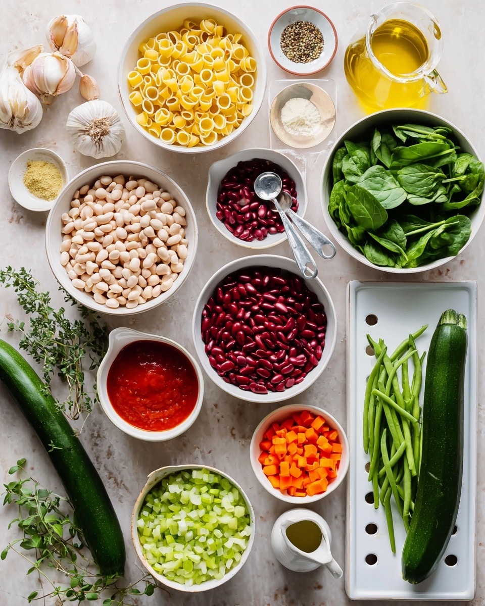 The image shows a variety of fresh ingredients arranged neatly on a white marbled surface. There are eleven bowls and plates, mostly white, filled with different colorful items: one white bowl with small yellow pasta shells and a silver measuring cup inside, a white bowl full of red kidney beans, a white bowl with white beans, and another white bowl holding fresh green spinach leaves. There is a white plate with a long green zucchini sliced in half, revealing a light green inside. Two small bowls have bright orange diced carrots and light green chopped celery. Fresh green beans are scattered on a white rectangular tray with holes. Around these bowls are some garlic cloves, two halves of a white onion, two small white dishes with black pepper and dried herbs, a bowl of bright red tomato sauce, a small spouted white pitcher with olive oil, and a glass bottle filled with a golden liquid. A few sprigs of fresh green herbs lie nearby, adding more texture and color. The whole scene is bright and clean with fresh, vibrant colors photo taken with an iphone --ar 4:5 --v 7