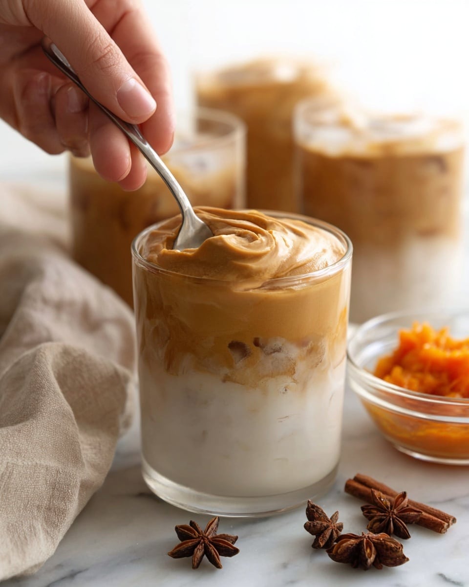 The image shows a clear glass filled with two distinct layers: a bottom layer of smooth, cold white milk with ice cubes, and a thick, fluffy light brown foam layer on top. A woman’s hand is holding a spoon that is stirring the top foam, creating swirls and soft peaks in the creamy texture. In the background, there are three more glasses with similar layers of the frozen drink, slightly blurred to keep the focus on the front glass. Around the glass on the white marbled surface, there is a small clear bowl with bright orange pumpkin puree and two star anise pods. A light beige textured cloth is also partially visible on the right side. photo taken with an iphone --ar 4:5 --v 7