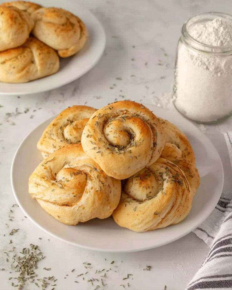 The image shows a white plate with six round, swirled bread rolls stacked on top of each other. The rolls have a light golden brown crust with herbs sprinkled on them. The plate is placed on a white marbled surface with scattered herbs around it. To the top left, there is a white plate with similar bread rolls slightly out of focus. On the right side, there is a glass jar filled with white flour, some flour spilled on the surface near it. A striped cloth is partially visible at the bottom right corner. Photo taken with an iphone --ar 4:5 --v 7