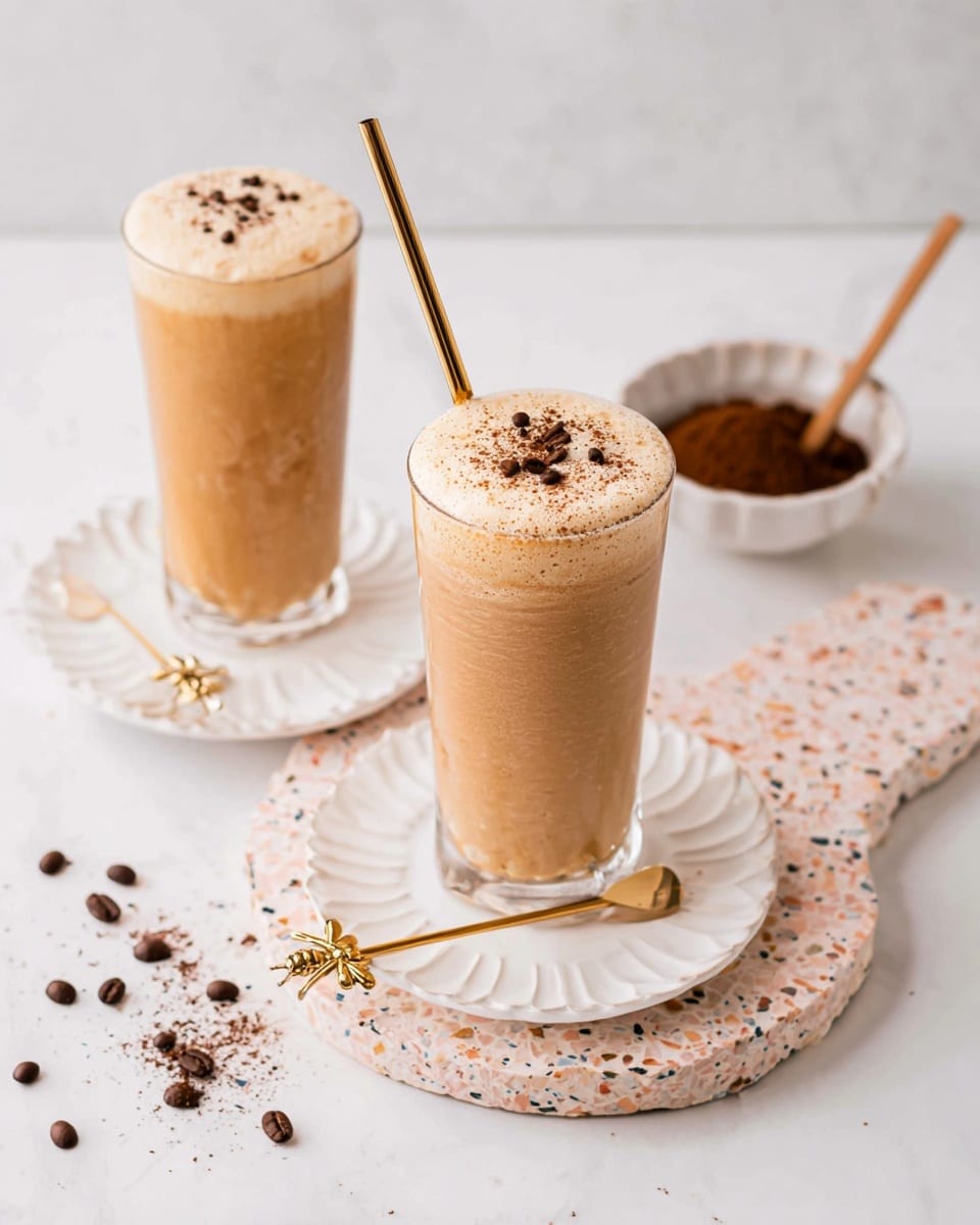 There are two tall glasses filled with light brown frothy iced coffee, each topped with a layer of foam; the glass in the front has dark coffee beans and tiny bits of coffee grounds sprinkled on top. Each glass has a shiny gold metal straw placed on the left side near the top. These glasses are set on white scalloped plates, arranged on a terrazzo tray with white, beige, and brown specks. Two golden spoons with bee shapes on their handles rest on the plates, one spoon leaning diagonally. In the background, there is a small white bowl filled with coffee powder and a wooden spoon sticking out. The entire scene is set on a white marbled surface with scattered coffee beans and powder around. photo taken with an iphone --ar 4:5 --v 7