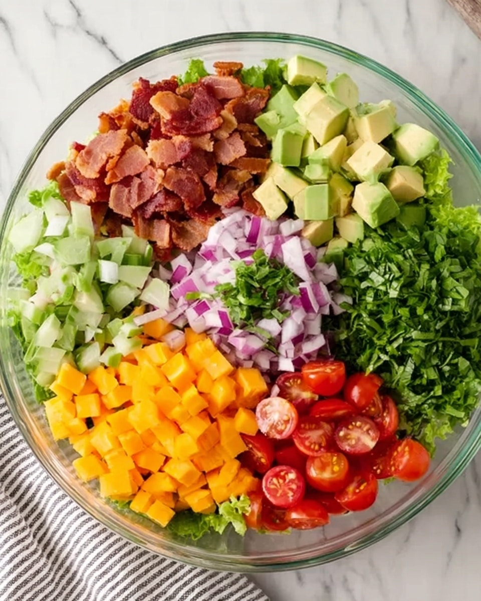 A clear glass bowl shows seven separate groups of salad ingredients arranged in a circle. Starting from the top left and moving clockwise, there is a pile of cooked bacon pieces in shades of brown and red, cubed light green avocado, finely chopped red onion with white and purple bits, orange-yellow cubed cheese, halved small red cherry tomatoes, bright green fresh leafy lettuce, and finely chopped green herbs in the center. The bowl is placed on a white marbled surface with part of a striped cloth visible nearby. Photo taken with an iphone --ar 4:5 --v 7