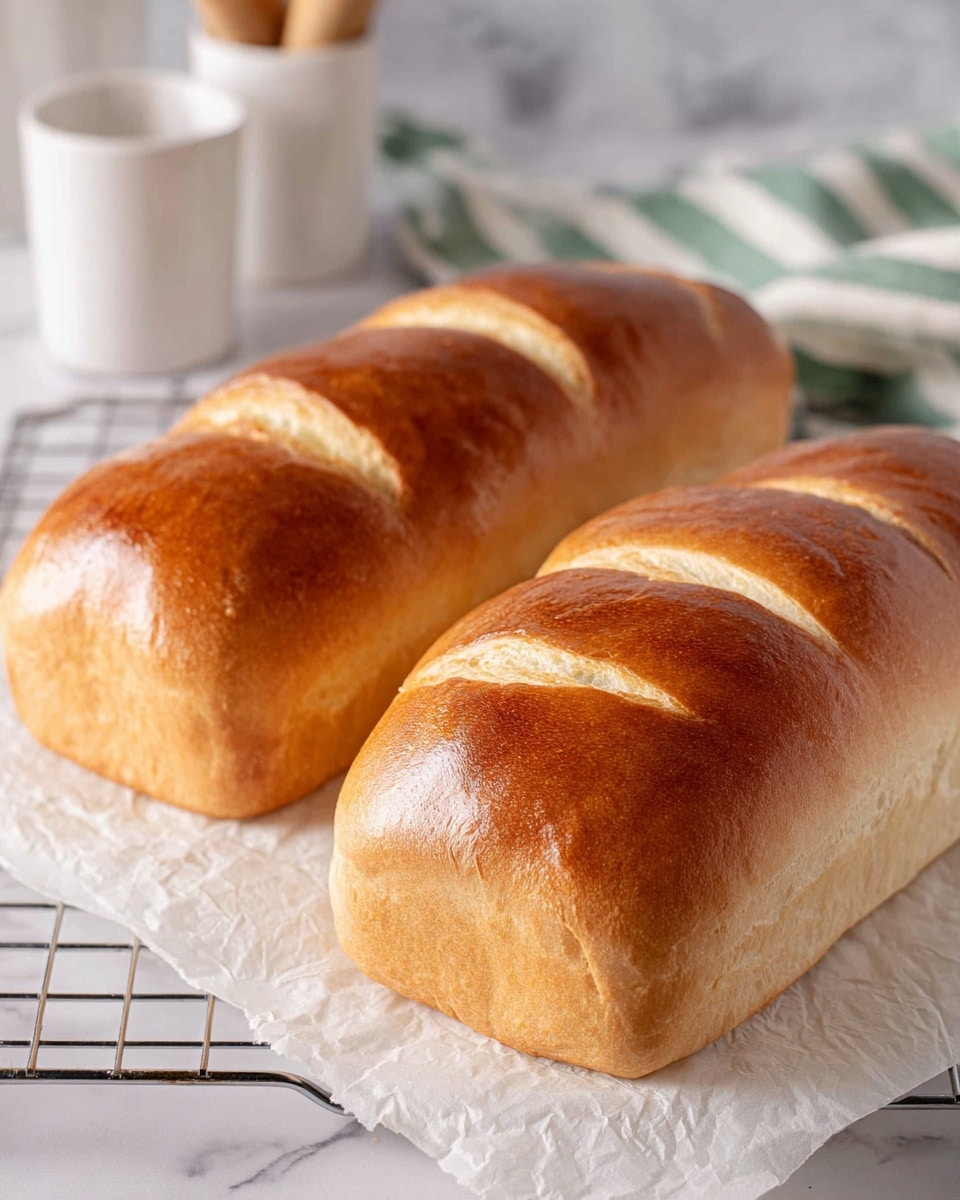 Two freshly baked golden brown loaves of bread lie side by side on white parchment paper that is on a cooling rack. Each loaf has five evenly spaced shallow cuts on top, showing a lighter beige color inside, while the crust is shiny and smooth with a warm brown hue. The background is a white marbled surface with blurred white mugs and a green-and-white striped cloth in the back. The scene has soft natural lighting to highlight the bread’s glossy texture. photo taken with an iphone --ar 4:5 --v 7
