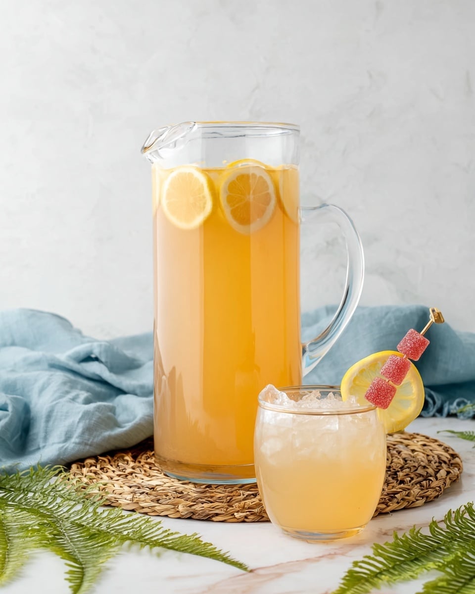 A tall clear glass pitcher filled with light orange lemonade with round lemon slices floating near the top, sitting on a woven straw mat on a white marbled surface. To the right is a small clear glass with light orange lemonade and crushed ice, garnished with a thin lemon slice on the rim and a skewer with three red sugar candies resting on top. In the background, a soft blue cloth is loosely arranged, adding a calm contrast to the bright drinks. Green fern leaves lie in the foreground on the white marbled surface. photo taken with an iphone --ar 4:5 --v 7