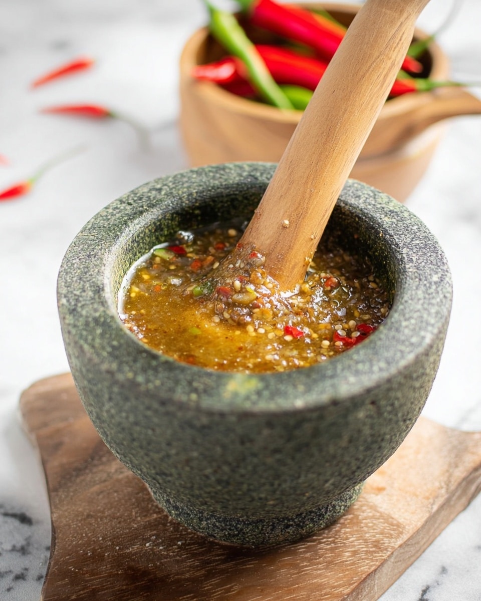 A rough green stone mortar filled with a chunky sauce made of small seeds and tiny pieces of red and green chili peppers in a thin yellowish liquid sits on a white marbled surface. A smooth light brown wooden pestle with a flat end is resting inside the mortar, leaning slightly to the left and covered in the same sauce. In the blurred background, a light wooden bowl holds bright red and green chili peppers. The scene is softly lit with natural light, showing texture on the mortar and the sauce inside. photo taken with an iphone --ar 4:5 --v 7