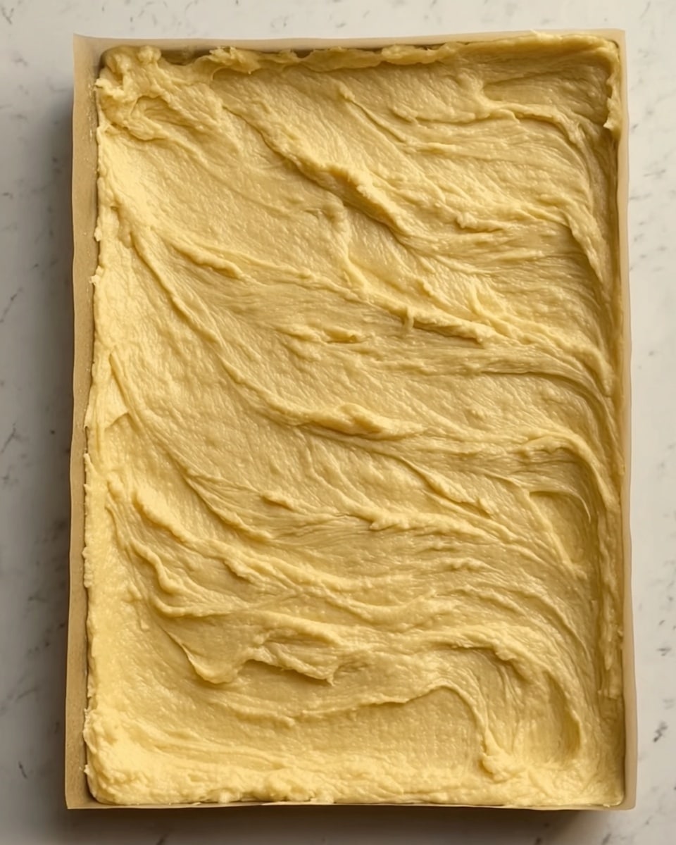 This image shows a thick, pale yellow dough spread evenly in a rectangle shape on a baking sheet. The dough's surface is slightly textured with soft, wavy ridges and swirls, giving it a smooth but rough look. The background is a white marbled texture. Photo taken with an iphone --ar 4:5 --v 7
