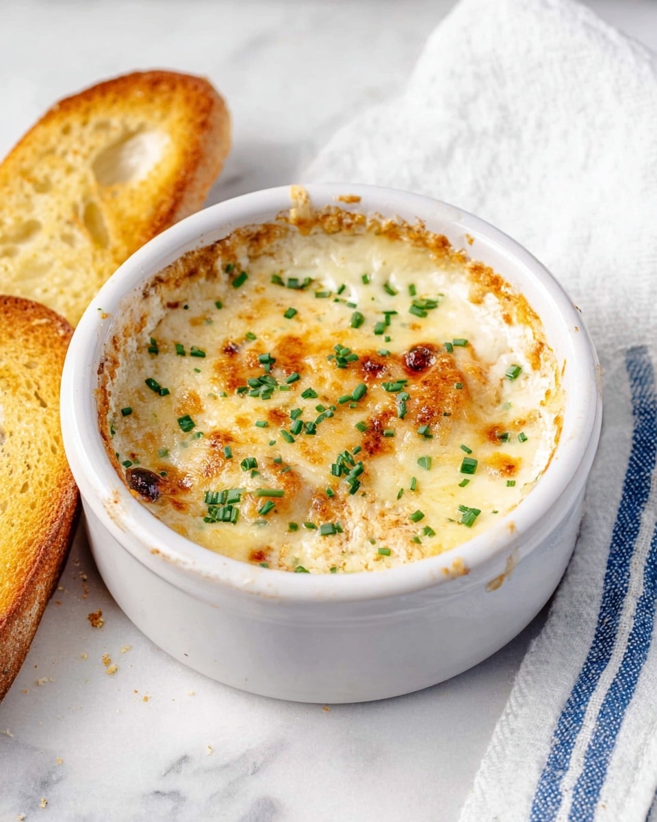 A white round ceramic ramekin filled with a creamy baked dish topped with melted cheese that is light golden with some brown spots. Small green chive pieces are sprinkled evenly on the cheese surface. The ramekin sits on a white marbled surface surrounded by two pieces of golden toasted bread on the left and right sides and a white towel with a blue stripe on the right side. photo taken with an iphone --ar 4:5 --v 7