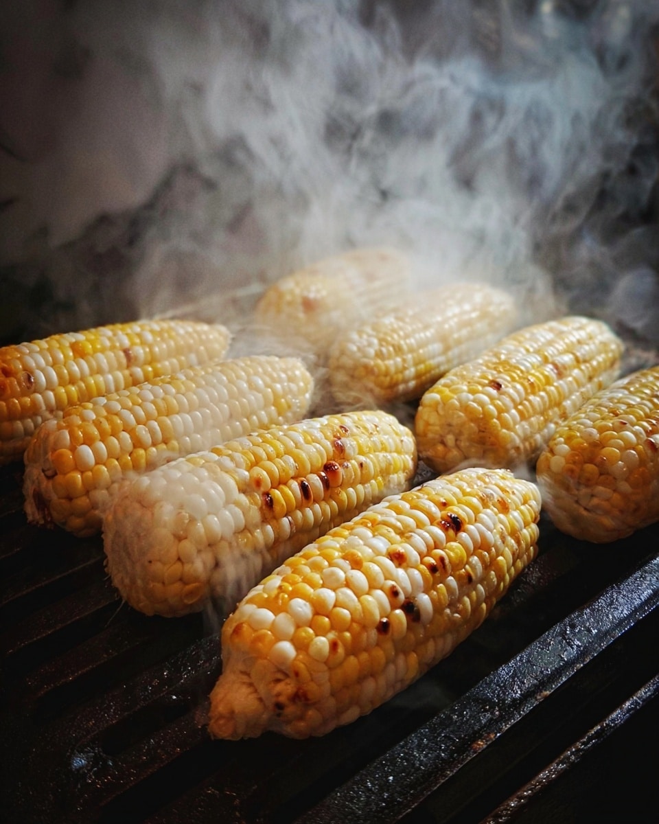 There are six ears of corn cooking on a black grill, showing a mix of light yellow and white kernels. Some kernels have dark brown and golden spots from grilling. Steam rises around the corn, creating a soft misty effect above and around them. The background and surface have a white marbled texture. photo taken with an iphone --ar 4:5 --v 7