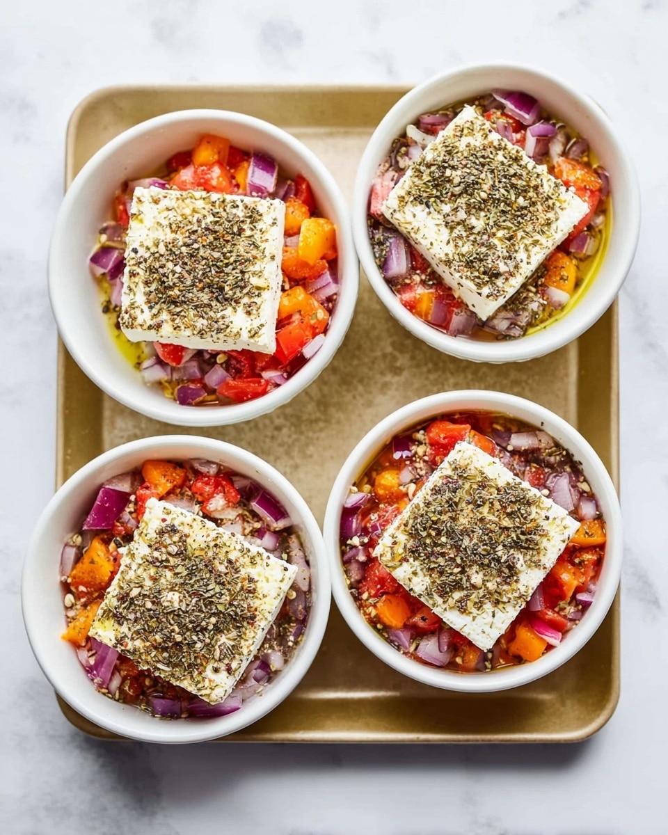 Four white round small baking dishes sit on a light gold tray with a textured surface, placed on a white marbled background. Each dish holds a colorful mix of chopped red onions and orange-red diced tomatoes forming the base layer. On top of this is a square block of creamy white cheese in the center. The cheese is sprinkled with a mix of dried herbs and spices, showing green, red, and black specks. The cheese block shines slightly with a drizzle of golden olive oil, creating a smooth and glossy surface. The arrangement is neat, with each dish evenly spaced, showing a fresh and rustic look. Photo taken with an iphone --ar 4:5 --v 7
