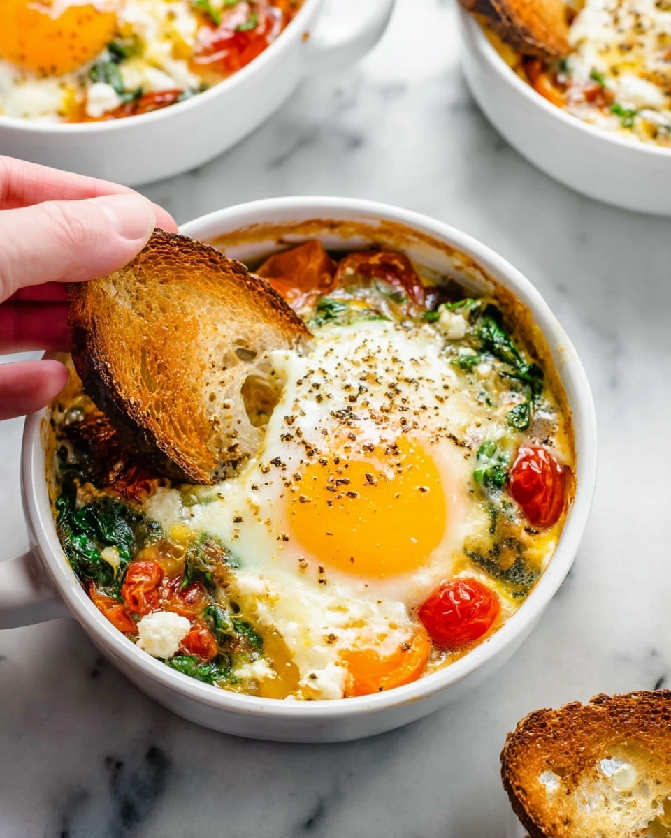 A white bowl filled with a baked egg dish showing three main layers: the bottom layer is a mix of sautéed green spinach and orange bell peppers, the middle layer has melted white cheese with scattered bits of red cherry tomatoes, and the top layer features a soft, partially cooked egg with a bright yellow yolk and some black pepper sprinkled over. A woman's hand is dipping a piece of golden-brown toasted bread into the egg yolk. The bowl sits on a white marbled surface, and parts of two more bowls of similar dishes are visible nearby. photo taken with an iphone --ar 4:5 --v 7