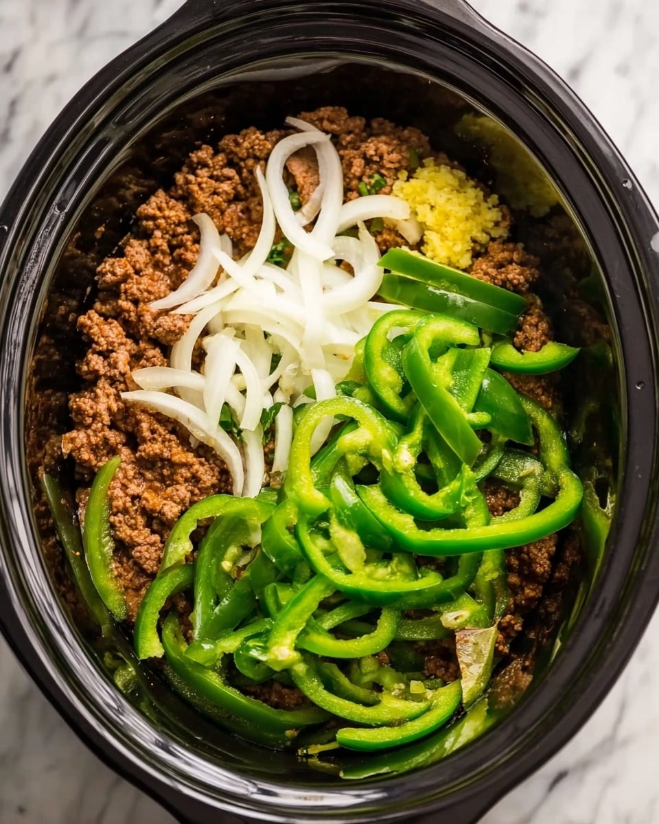 The image shows a black slow cooker filled with layers of food starting from the bottom with cooked brown ground meat covering most of the base. On top of the meat, there are bright green slices of bell pepper arranged unevenly, with thin rings of white onion scattered over the peppers and meat. There is also a small amount of yellow minced garlic placed on one side of the meat near the peppers. The ingredients all have a fresh texture and vibrant color contrast. The background is a white marbled texture. photo taken with an iphone --ar 4:5 --v 7