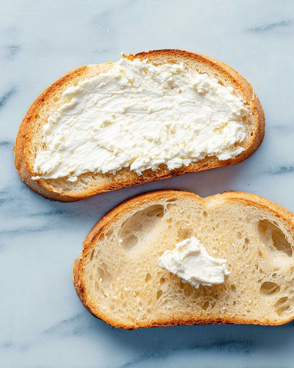 Two slices of toasted bread are shown on a white marbled surface. The top slice is spread thickly and evenly with white creamy cheese, covering the whole surface of the bread. The bottom slice has a small dollop of the same white cheese near its center, with the rest of the bread plain. The bread is light brown and crispy with air pockets visible in the texture. Photo taken with an iphone --ar 4:5 --v 7