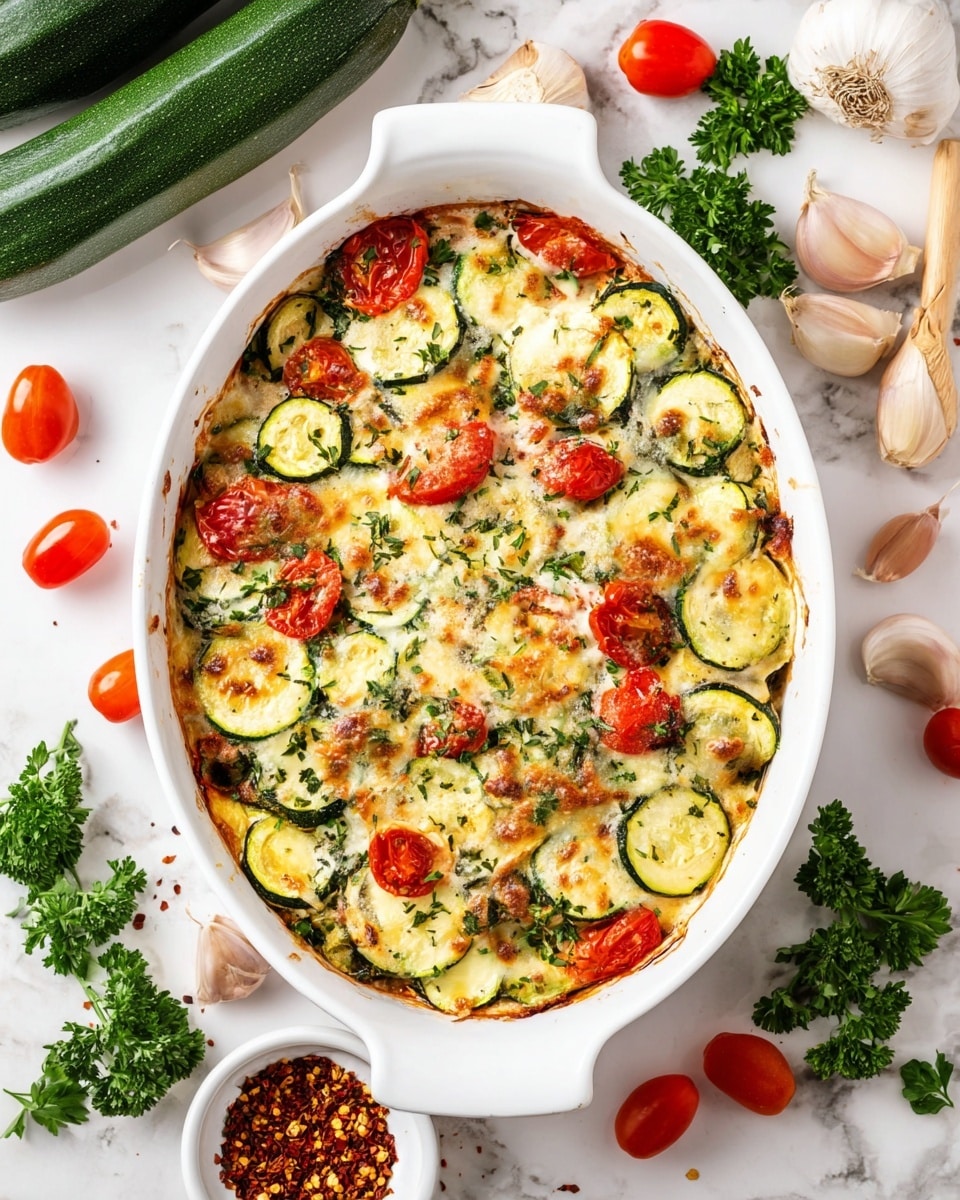 The image shows a white dish filled with a baked vegetable casserole. The top layer has golden-brown melted cheese, mixed with round slices of zucchini that are green with soft yellow centers. Scattered across the top are small red cherry tomatoes, some slightly cooked and wrinkled. Green herbs are sprinkled lightly over the dish. The casserole sits on a white marbled surface with whole zucchinis, a shallot, garlic cloves, red chili flakes in a small white bowl, and fresh parsley arranged around it. Photo taken with an iphone --ar 4:5 --v 7