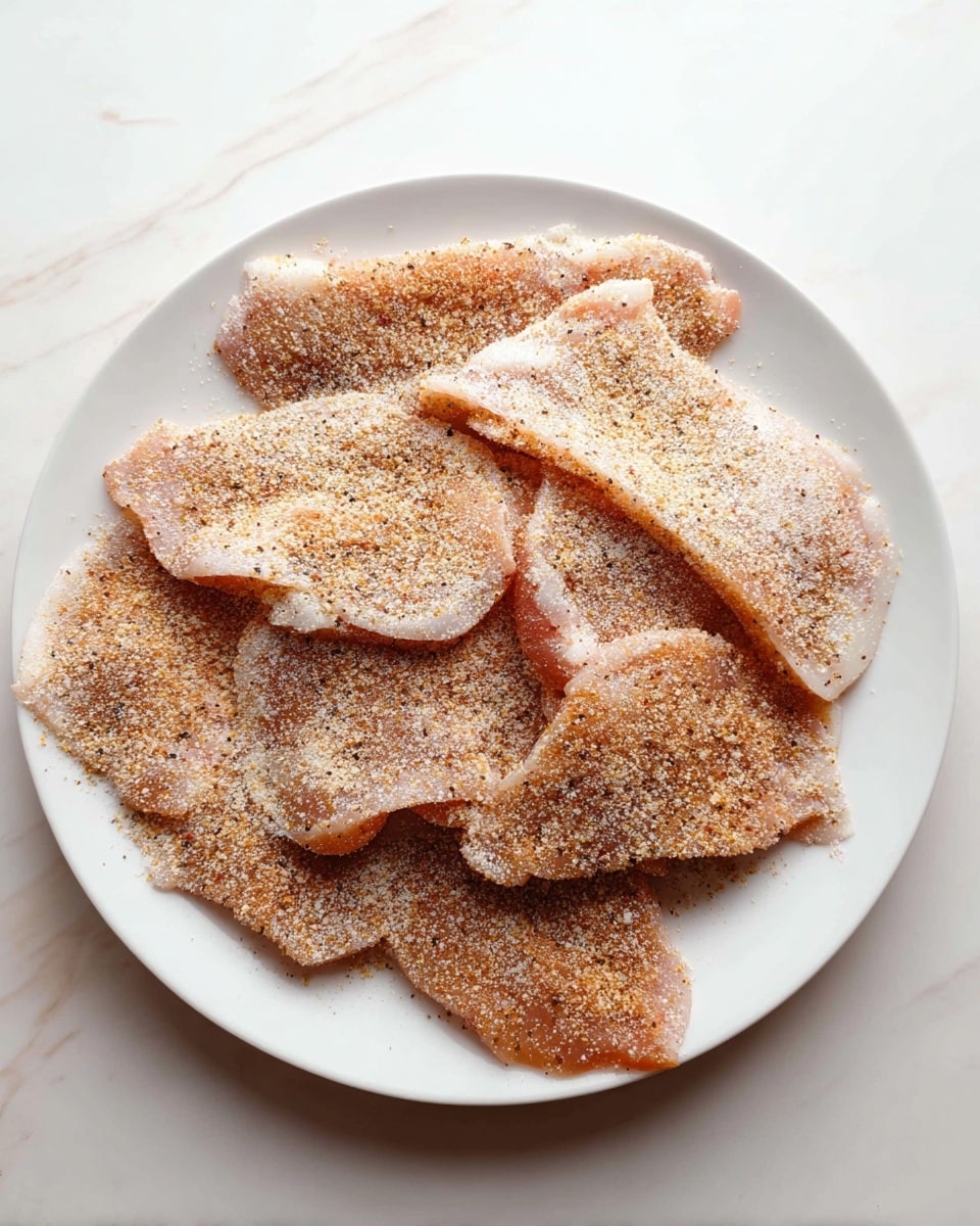 A white plate holds about five raw pieces of meat, each covered with a generous layer of light brown and white speckled spices, giving them a powdery, textured look. The meat pieces are thin and spread out, slightly overlapping each other to fill the plate. The background is a white marbled surface that adds a soft contrast to the pale spice-covered meat. photo taken with an iphone --ar 4:5 --v 7