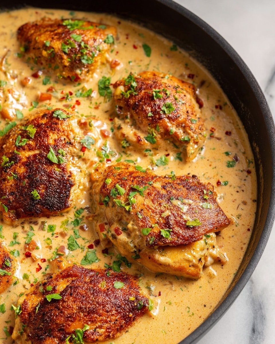 In this close-up image, there are six pieces of cooked chicken with a dark brown, crispy surface. They are partly covered in a thick cream sauce that is light beige with small bits of green herbs and red spices. The chicken and sauce are in a black skillet that sits on a white marbled surface. The sauce has a smooth and creamy texture with small pieces of vegetables or herbs floating in it. Sprinkles of chopped green herbs are scattered over the chicken and sauce, adding a fresh touch. Photo taken with an iphone --ar 4:5 --v 7