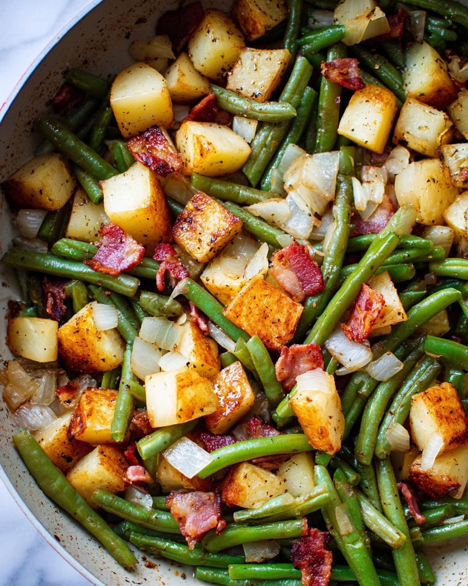 The image shows a close-up of a cooked vegetable and bacon dish in a pan. The dish has three main layers: bright green cut green beans spread evenly throughout, small cubes of light golden brown potatoes with some crispy edges, and white chunks of cooked onions scattered across. Mixed in are pieces of crispy cooked bacon with a reddish-brown color. Everything has a slight shine from oil or butter, and there is a sprinkle of black pepper visible all over. The overall look is warm and hearty, with different textures from soft to crispy on a white marbled surface. Photo taken with an iphone --ar 4:5 --v 7