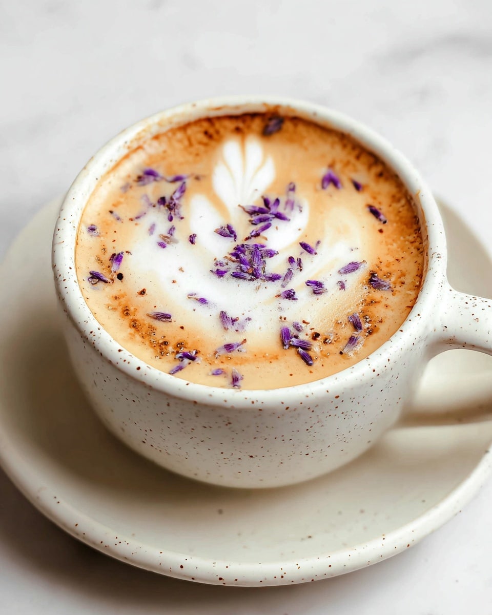 A speckled white ceramic cup filled with a layered latte, showing three main layers: the bottom rich brown espresso, a middle layer of creamy, light tan steamed milk foam, and a top layer of white milk foam formed into a delicate leaf pattern with soft brown edges blending into the foam. Scattered over the latte are small, vivid purple dried lavender buds, adding texture and color contrast. The cup sits on a matching white saucer placed on a white marbled surface. photo taken with an iphone --ar 4:5 --v 7
