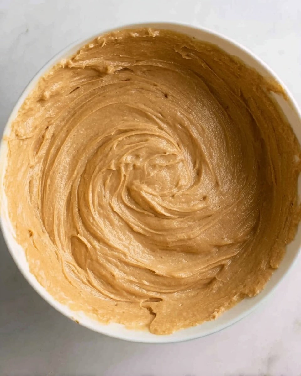 The image shows a thick, smooth light brown batter spread evenly in a white bowl on a white marbled surface. The batter has a creamy texture with visible swirls and soft peaks, giving it a slightly glossy look. The bowl is filled close to the top, showing rich and dense consistency. Photo taken with an iphone --ar 4:5 --v 7