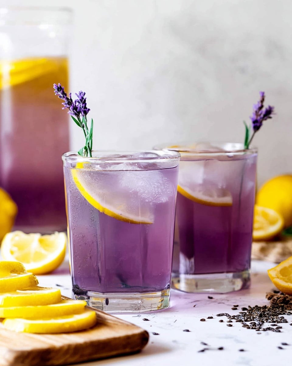 The image shows two clear glasses filled with a purple drink, with ice inside visible. Each glass has a thin yellow lemon slice floating on top, and a small green sprig topped with a tiny purple flower stands upright inside each glass. The glasses are placed on a white marbled surface next to a wooden cutting board with slices of lemon and some small dark seeds scattered around. In the background, there is a clear pitcher with the same purple drink and a yellow lemon slice floating at the top. The scene has a fresh and bright look, with a mix of purple, yellow, and green colors. Photo taken with an iphone --ar 4:5 --v 7
