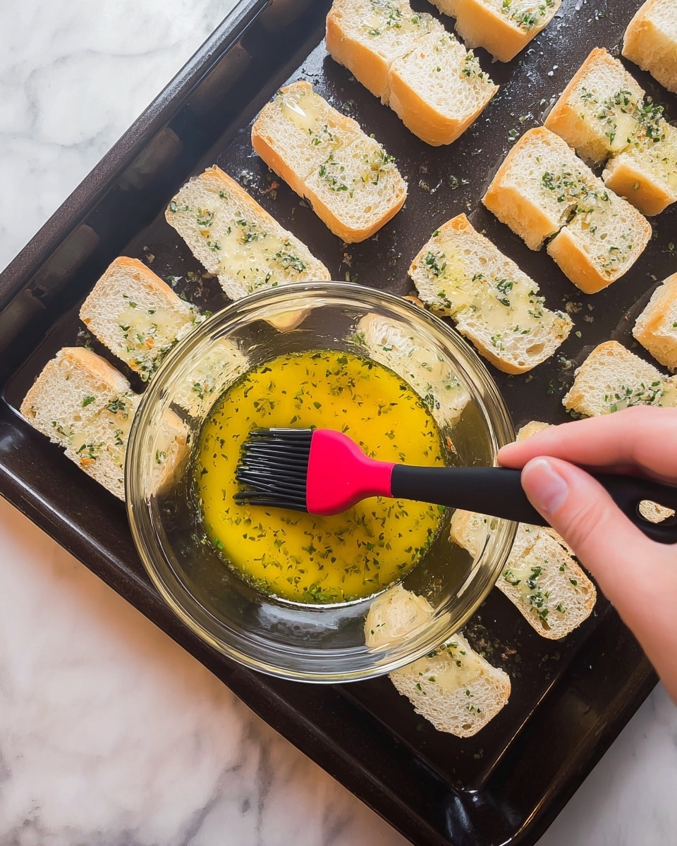 A woman’s hand holds a clear glass bowl containing a yellowish butter mixture with green herbs, and a black brush with a red tip is dipped into the mixture. Below, there is a dark baking tray lined with 15 small rectangular pieces of white bread evenly spaced in rows. The setting is on a white marbled surface visible around the tray edges. The overall scene shows the preparation of the bread pieces for baking. photo taken with an iphone --ar 4:5 --v 7