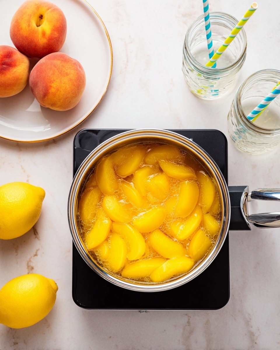 A small metal pot sits on a black hot plate on a white marbled surface, filled with bright yellow peach slices simmering in a light syrup. To the left, a white plate holds two whole fresh peaches with fuzzy skin and two whole yellow lemons. To the right, there are two clear glass jars with handles, each holding striped paper straws in blue, green, and yellow. The image is bright and clean with a simple, fresh feel. Photo taken with an iphone --ar 4:5 --v 7