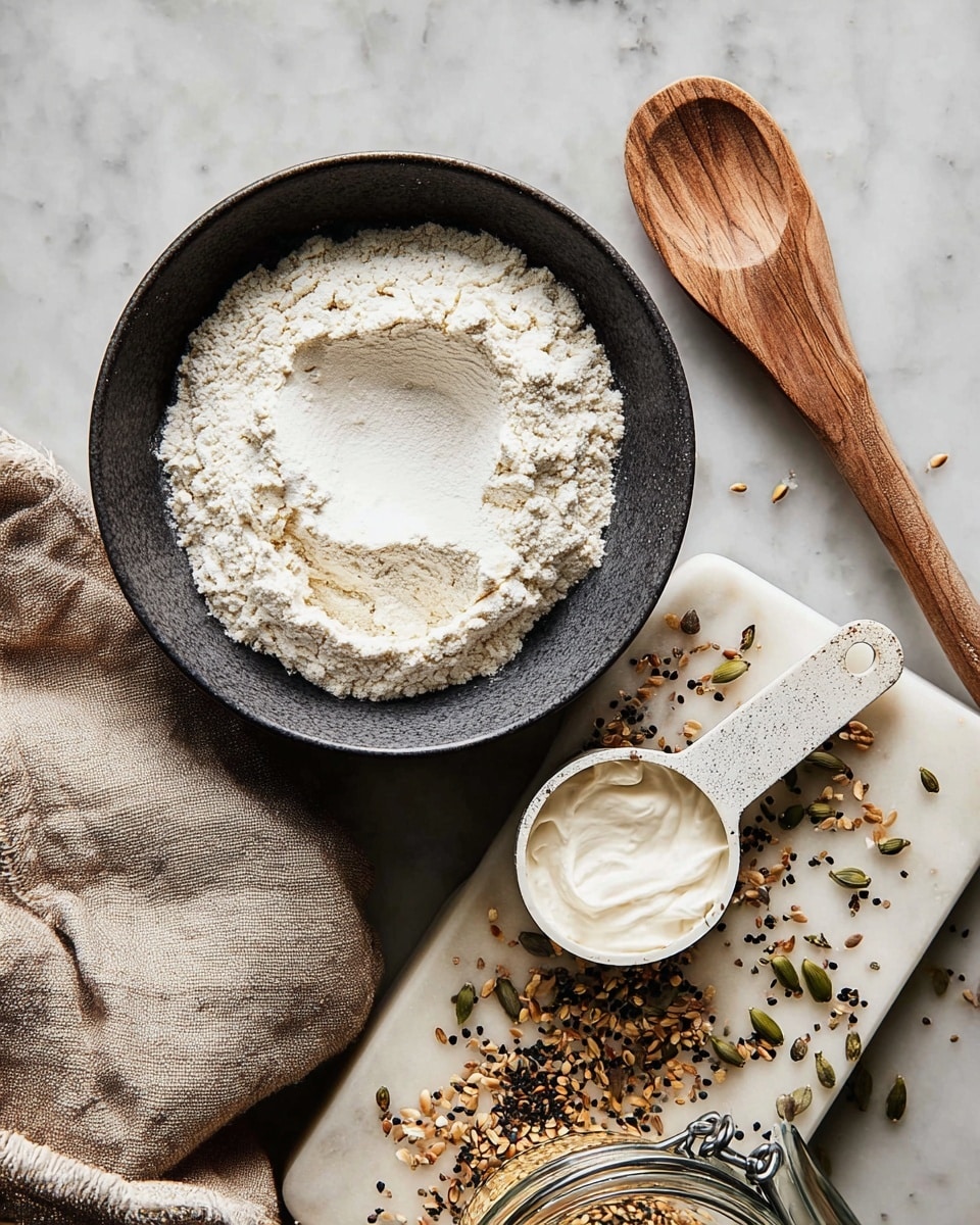 A dark bowl filled with a mound of white flour, with a small dip in the center, sits on a white marbled surface. Next to it, a white measuring scoop holds a smooth, creamy white substance, resting on a white marbled cutting board scattered with mixed seeds and spices. Part of a glass jar filled with the same seed mixture is visible on the right side of the board. A wooden spoon lies across the surface above the bowl, and a beige cloth partially covers the bottom left corner. Photo taken with an iphone --ar 4:5 --v 7
