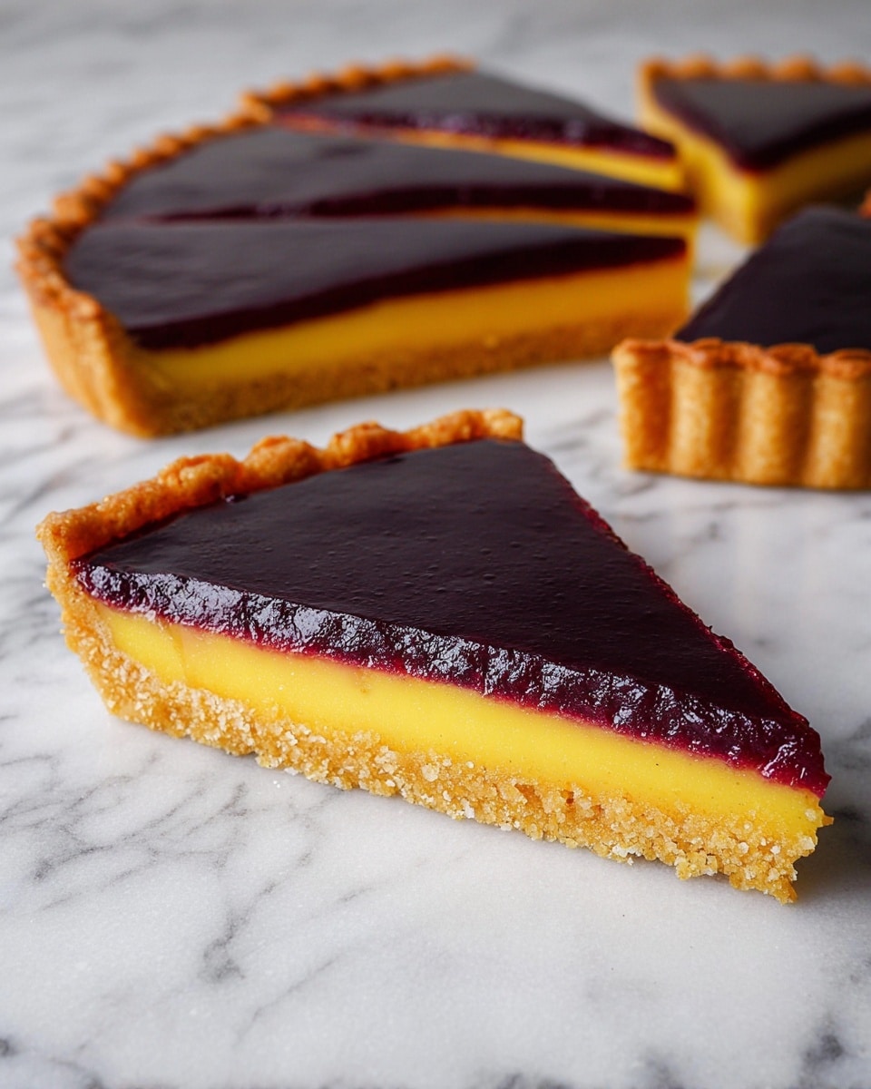 A slice of tart with three clear layers sits on a white marbled surface; the bottom layer is a golden-brown crust with a crumbly texture, the middle layer is a smooth, bright yellow filling, and the top layer is a thick, glossy dark purple jelly-like topping. Behind the slice, the remaining tart is partially shown with two other slices cut out, maintaining the same three layers and colors. The tart edges are slightly raised with a ridged pattern. Photo taken with an iphone --ar 4:5 --v 7