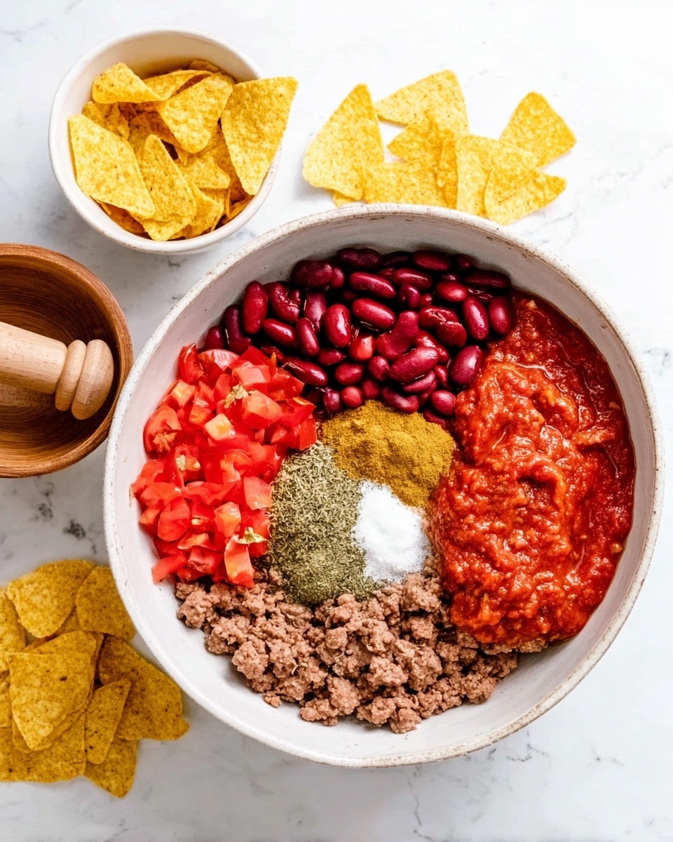 A white bowl on a white marbled surface holds separate layers of ingredients for a dish. The bottom layer is ground meat spread evenly around the base. On top, there are bright red chopped tomatoes, a pile of whole red kidney beans, a large scoop of rich red tomato sauce, and three different spices: a mound of brownish-yellow powder, a smaller greenish herbs pile, and a bit of white salt. To the side, a white bowl full of yellow corn chips is partly visible, with some chips spilled on the white marbled surface. A wooden bowl and small muddler are nearby. photo taken with an iphone --ar 4:5 --v 7