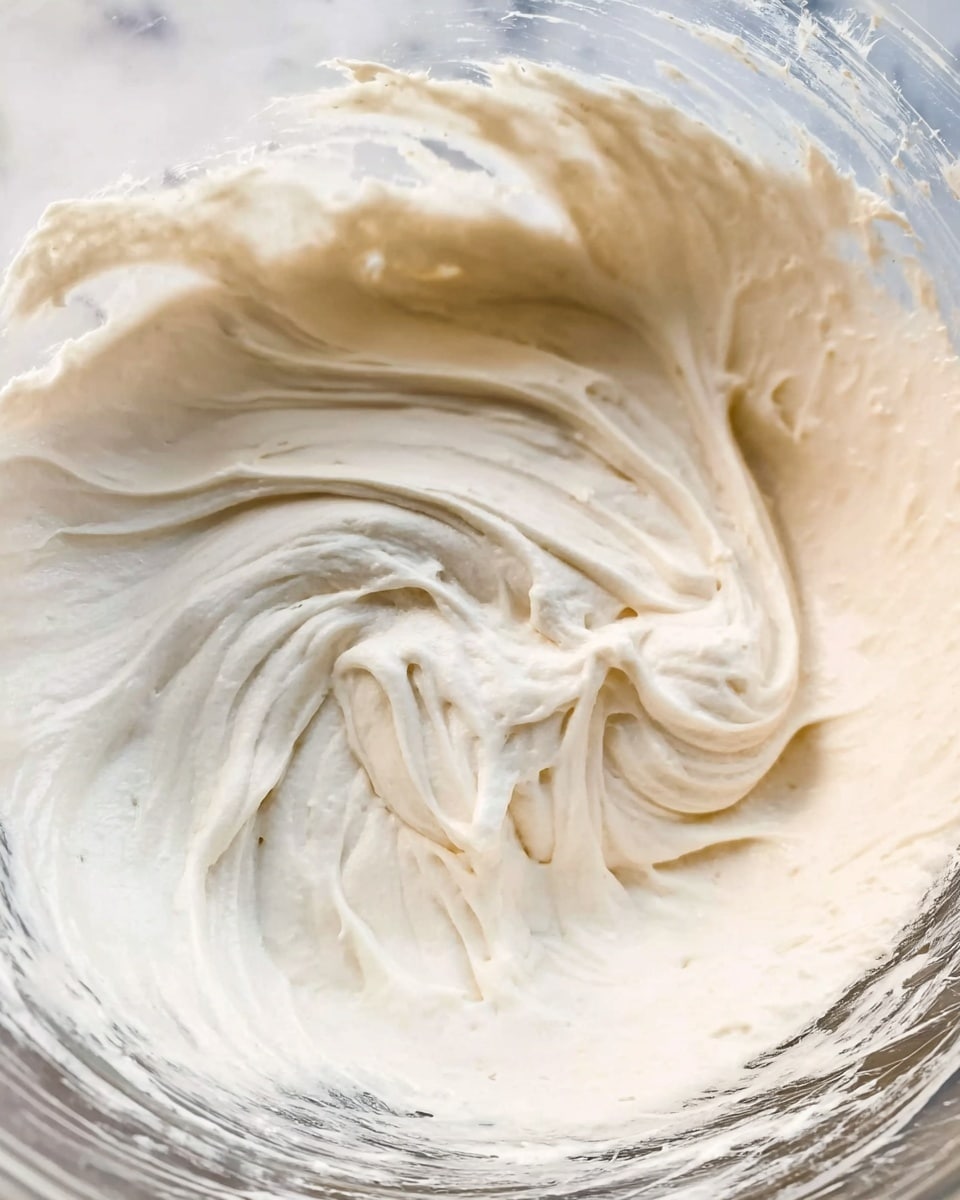 This image shows a close-up view of smooth, creamy white dough or batter inside a clear glass bowl. The dough has soft peaks and swirls, giving it a thick and light texture. The bowl’s edges and sides show some remnants of the mixture. The background is a white marbled texture. photo taken with an iphone --ar 4:5 --v 7
