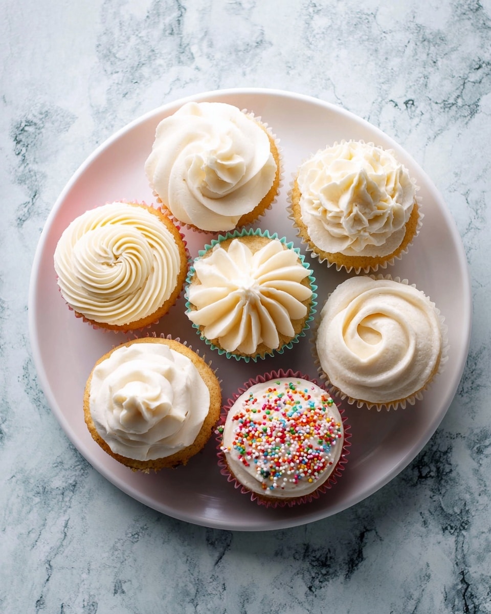 Seven vanilla cupcakes with white frosting are arranged in a circle on a white plate. Each cupcake has a different style of frosting: one has smooth swirls ending in a small peak, one has flat swirls on top, one looks like a flower with layered petals of frosting, one has a tall swirl with ridges, one has a rosette pattern, one has a star-shaped swirl, and one is topped with small colorful sprinkles scattered over the frosting. The cupcakes are in colorful paper liners. The plate sits on a white marbled surface. photo taken with an iphone --ar 4:5 --v 7