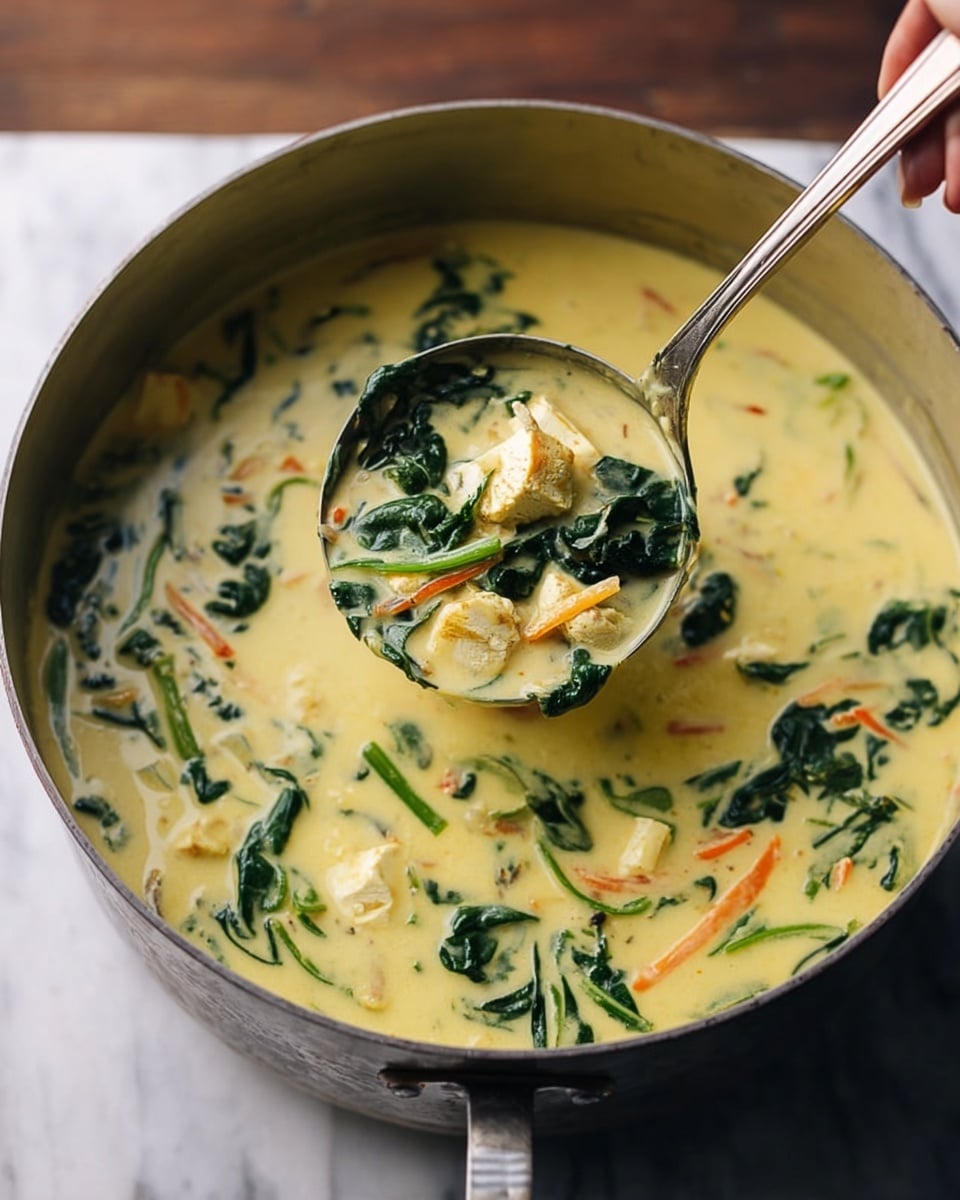 A large metal pot filled with creamy soup that has a pale yellow base, floating with dark green spinach leaves and small pieces of light yellow tofu or similar soft food, along with thin orange slivers that look like carrots. A metal ladle is scooping some of the soup, showing a thick texture with all the ingredients in it, held by a woman's hand above a white marbled surface. The scene conveys warmth and homemade comfort food, photo taken with an iphone --ar 4:5 --v 7