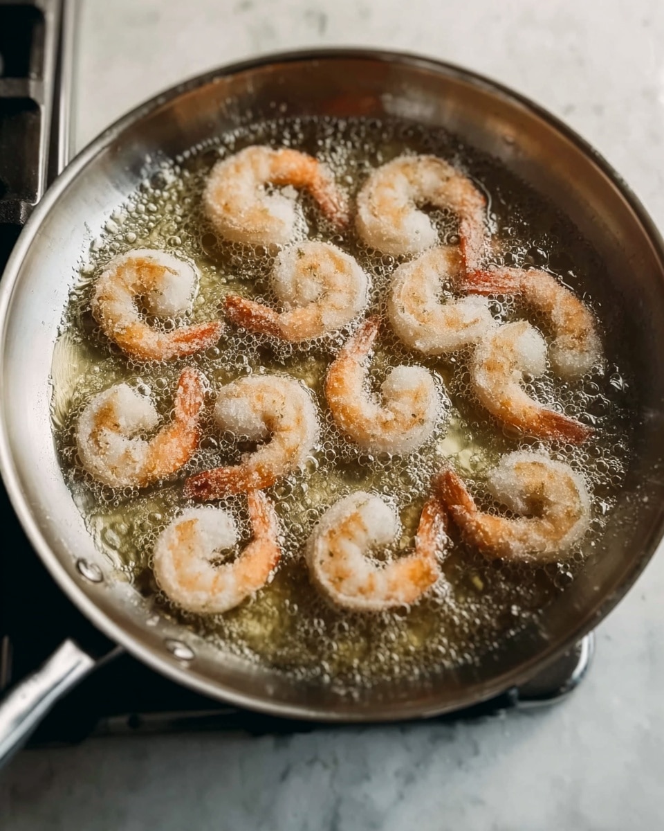 A stainless steel frying pan on a stove is shown with ten shrimp frying in bubbling oil. The shrimp are light pink with white flour coating and are arranged evenly in the pan, some showing curled tails. The surface around the pan is white marbled texture. The image captures the shrimp cooking in hot oil with bubbles rising around them. photo taken with an iphone --ar 4:5 --v 7