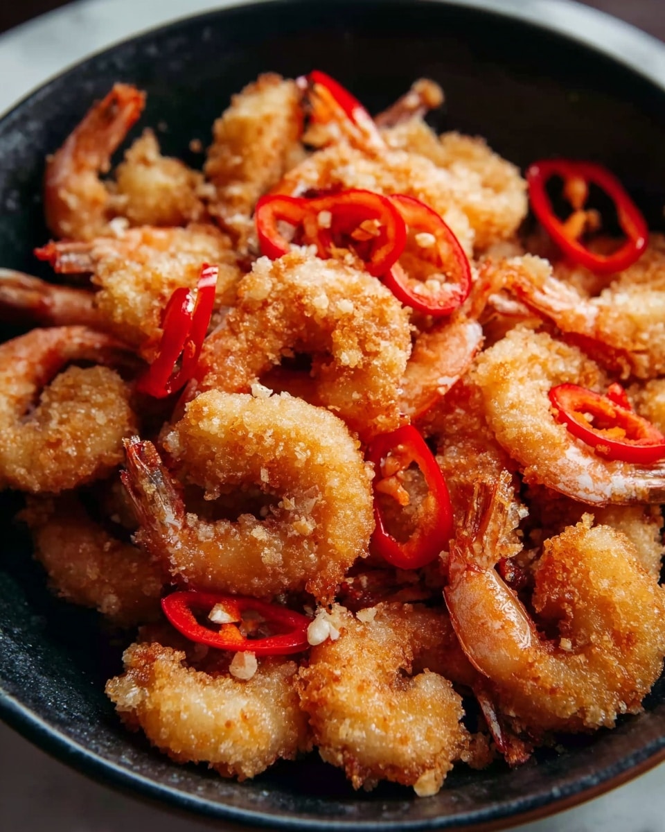 A close-up of a black bowl filled with many golden-brown fried shrimp, each shrimp showing a crispy texture with a light coating. On top of the shrimp are bright red slices of chili peppers scattered across, adding a pop of color and heat. The shrimp tails remain on, slightly curled, and the bowl sits on a white marbled surface. The lighting highlights the crunchy texture of the shrimp and the shiny, smooth surface of the chili slices, making the dish look fresh and spicy. Photo taken with an iphone --ar 4:5 --v 7