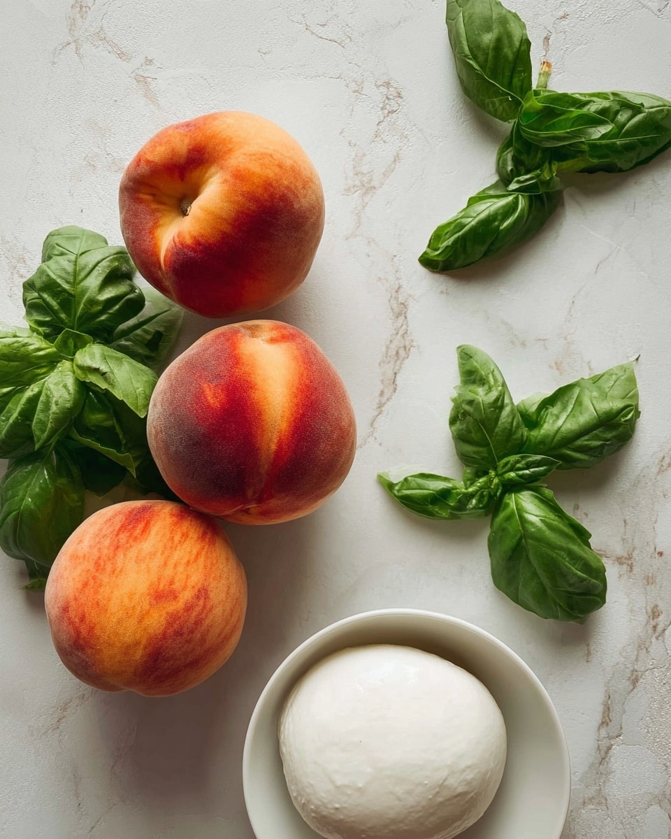 The image shows three whole peaches with a soft orange and red color, scattered bright green basil leaves in the top and right parts, and a small white bowl filled with a smooth, white, round ball of fresh mozzarella in the bottom right corner, all placed on a white marbled textured surface photo taken with an iphone --ar 4:5 --v 7
