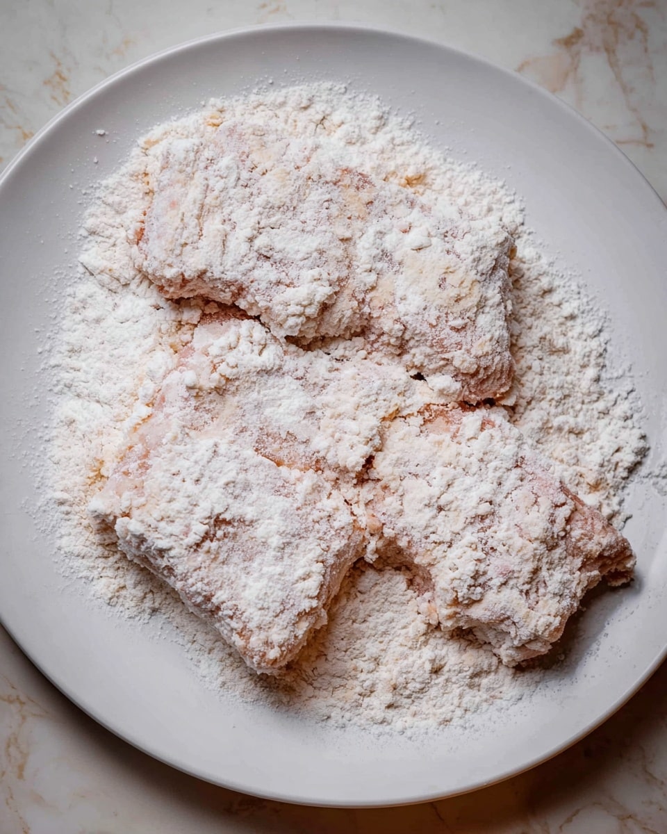 A white plate holds three pieces of raw meat covered in a thick layer of flour and seasoning. The flour is clumpy and uneven, creating a rough, powdery texture on the pale pink meat beneath. The meat pieces are irregular in shape and spread out on the plate, which sits on a white marbled surface. Photo taken with an iphone --ar 4:5 --v 7