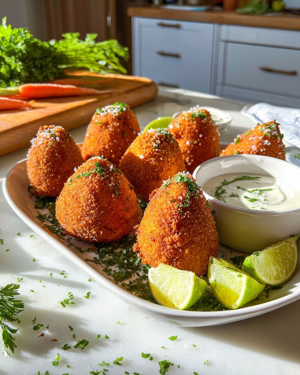 The image shows a white oval plate filled with seven golden-brown, round and cone-shaped fried snacks, each topped with small green herb pieces and a sprinkle of coarse salt, creating a textured crunchy look. The snacks are arranged on a bed of finely chopped green herbs inside the plate. To the right side of the plate is a small white bowl filled with creamy white dipping sauce with green herbs mixed in it. There are several bright green lime wedges placed on the plate and also on the white marbled surface near the plate, some with scattered green herb bits around them. In the background, fresh parsley and carrots are visible on a wooden board and a white kitchen cabinet with drawers is blurred behind. The lighting is bright and natural, casting soft shadows and highlighting the crispy texture of the snacks. photo taken with an iphone --ar 4:5 --v 7