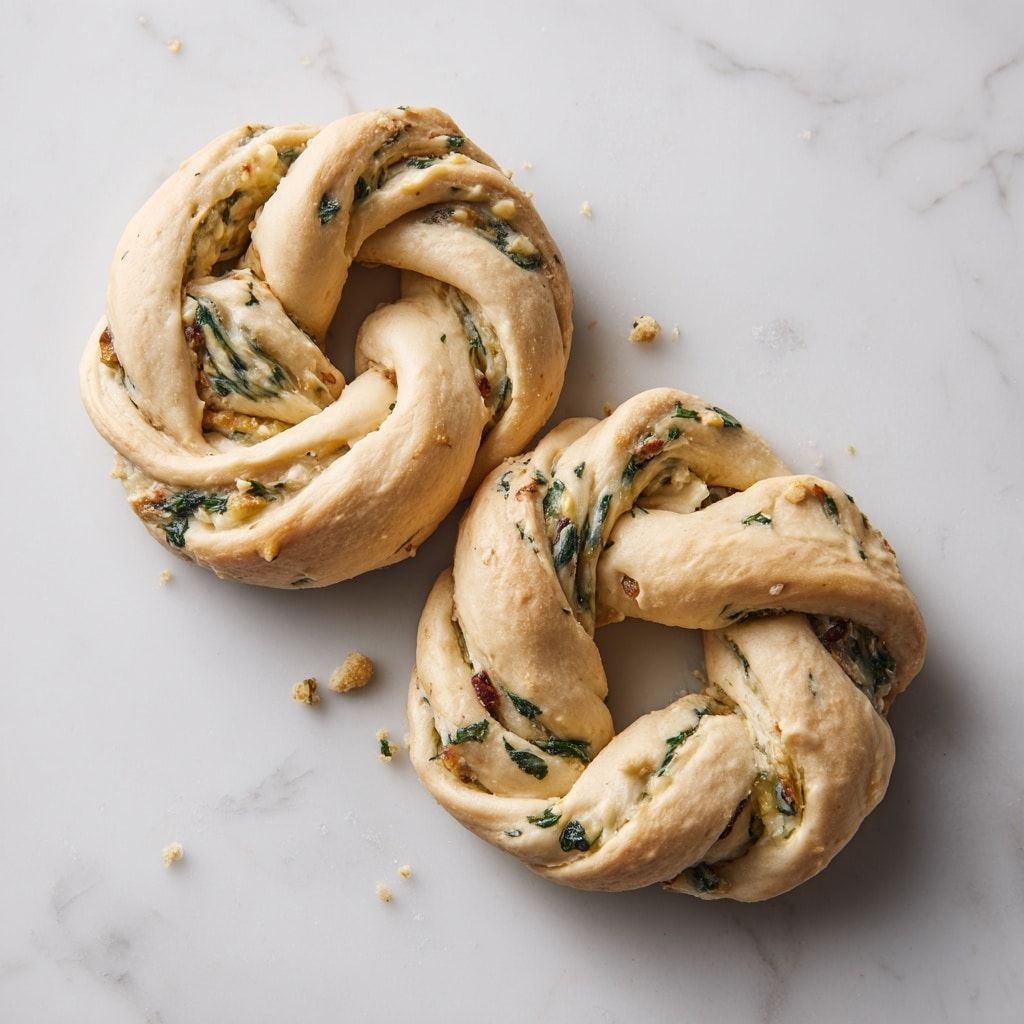 Two twisted dough rings with a smooth, pale beige surface rest on a white marbled texture. Each dough ring is thick and tightly wound, showing slight unevenness and soft folds. Small bits of darker and lighter colors peek through the dough, hinting at hidden ingredients inside. There are some loose dough crumbs scattered near the rings on the marbled surface. photo taken with an iphone --ar 4:5 --v 7