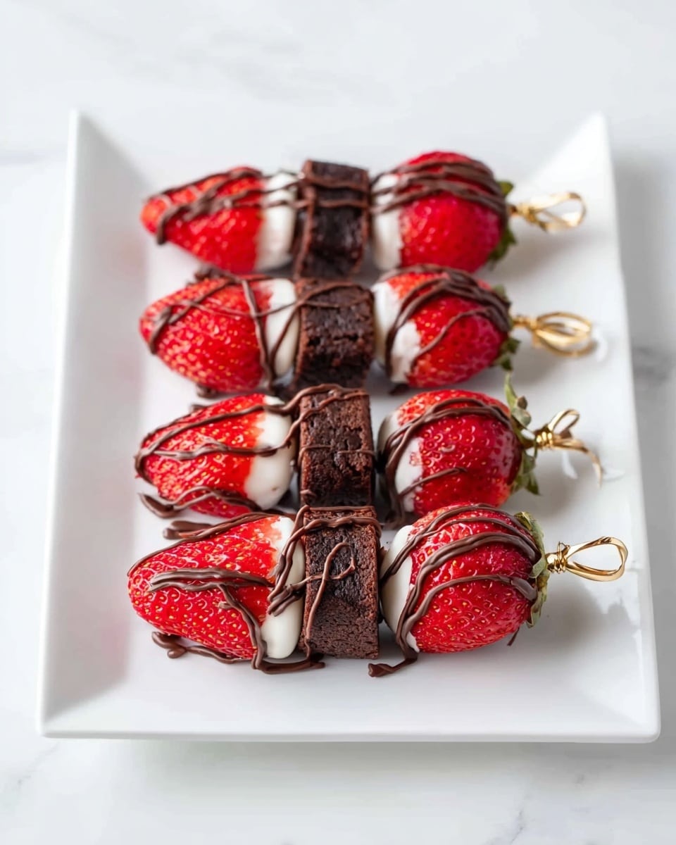 There are five skewers on a white rectangular plate, all placed horizontally. Each skewer has three main layers: a bright red strawberry on the bottom, a dark brown brownie piece in the middle, and another bright red strawberry on the top. The strawberries have a smooth, shiny texture with visible seeds, and the brownie looks dense and slightly crumbly. A swirl of glossy chocolate sauce is drizzled around the strawberries and brownie, going in a spiral shape from the bottom to the top on each skewer. The plate is set on a white marbled surface. photo taken with an iphone --ar 4:5 --v 7