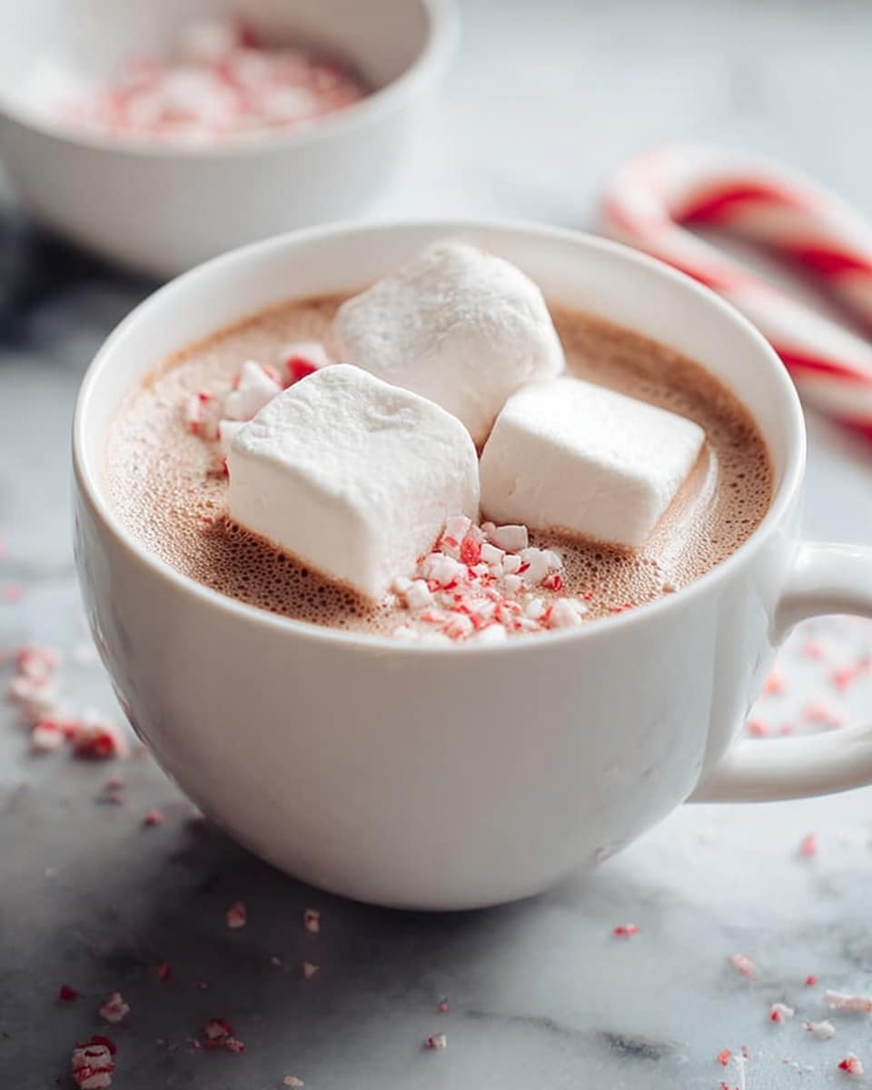 A white cup filled with light brown frothy hot chocolate topped with three large white marshmallows. The marshmallows rest on the surface with small red and pink crushed pieces sprinkled around them. The cup sits on a white marbled surface with a blurred candy cane and a white bowl in the background. Photo taken with an iphone --ar 4:5 --v 7