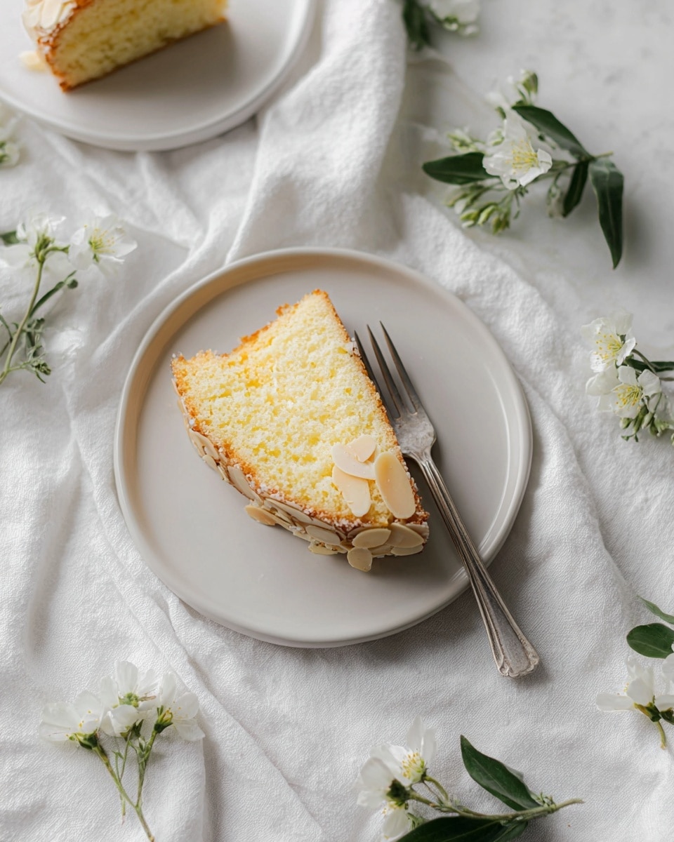 The image shows a single slice of yellow almond cake on a simple white plate. The cake slice has a light, fluffy texture with a soft crumb and is topped with thin almond slices around the edge. A silver fork lies on the right side of the plate beside the cake slice. The plate rests on a white cloth with a subtle texture, and around it are white flowers and small green leaves, adding a fresh and delicate touch to the scene. The whole setup is on a white marbled surface, creating a clean and bright background. photo taken with an iphone --ar 4:5 --v 7