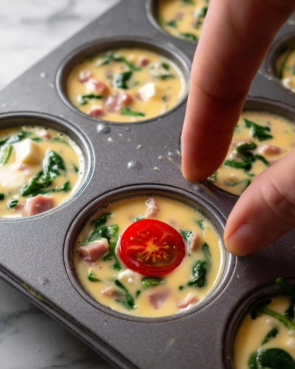 A close-up view of a gray metal muffin tray filled with an uncooked creamy egg mixture containing small green spinach leaves, light pink ham pieces, and white cheese chunks spread evenly inside one cup. On top of this mixture, a bright red cherry tomato slice is placed at the center. In the foreground, a woman's hand with fingers slightly pinching is seen near the tray. The tray rests on a white marbled surface. photo taken with an iphone --ar 4:5 --v 7